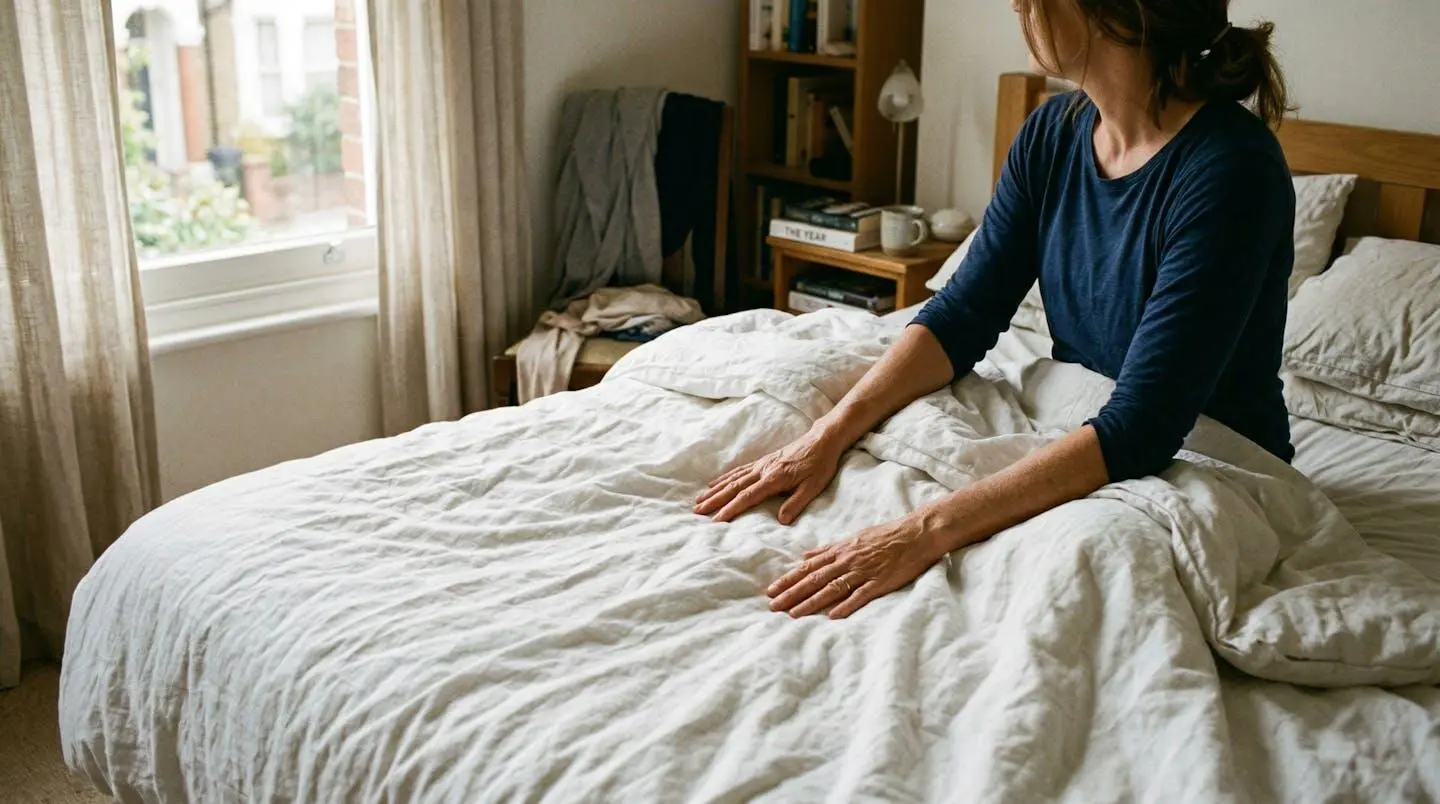 Mains effleurant délicatement un drap blanc sur un lit défait dans une chambre baignée de lumière naturelle