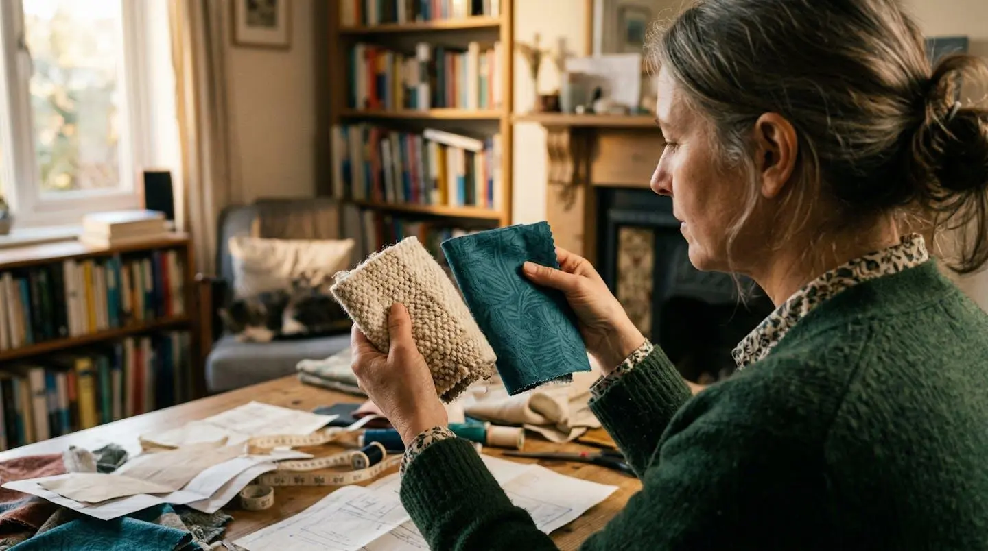 Personne vue de profil examinant deux échantillons de tissus différents tenus dans ses mains, éclairage naturel intérieur