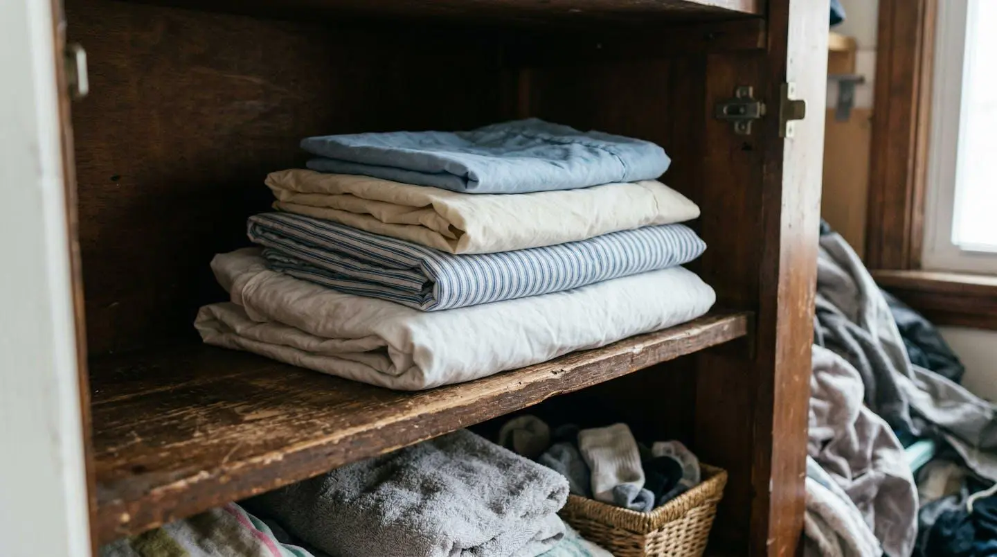 Pile de linge de lit plié sur une étagère de placard en bois, vue partielle et naturelle dans un intérieur réel