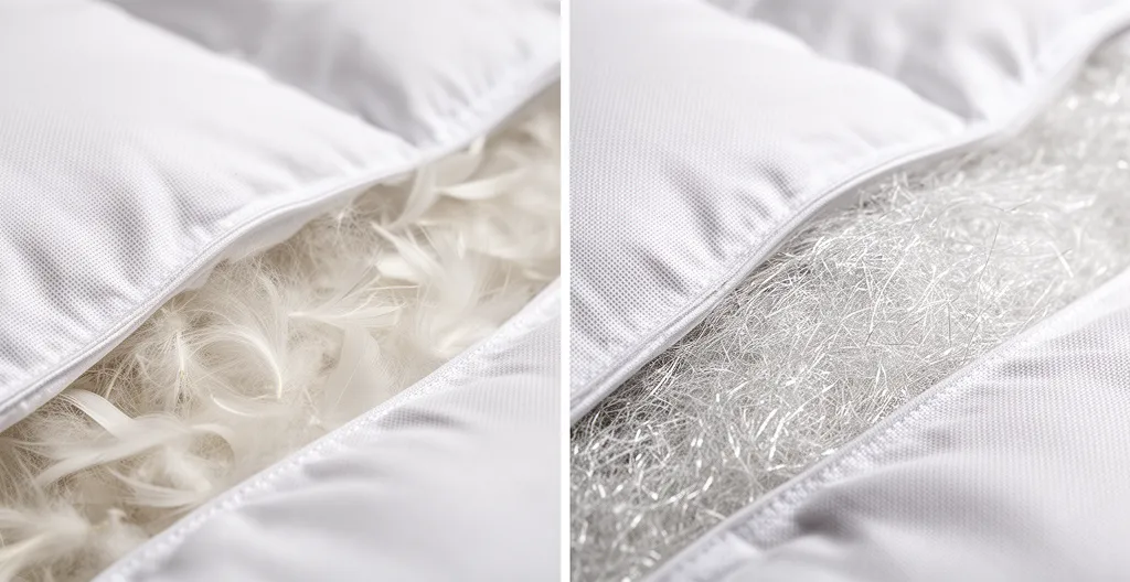 Comparaison textures garnissage couette naturelle duvet et synthétique