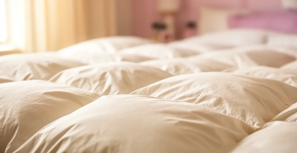 Gros plan texture couette naturelle duvet montrant gonflant et qualité garnissage