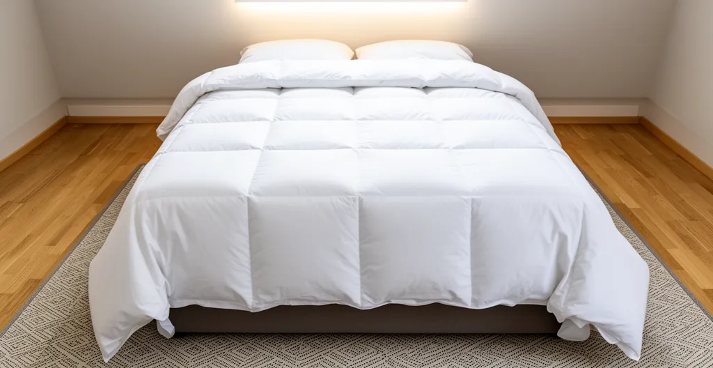 Vue plongeante lit double avec couette 220x240 montrant retombée équilibrée des deux côtés