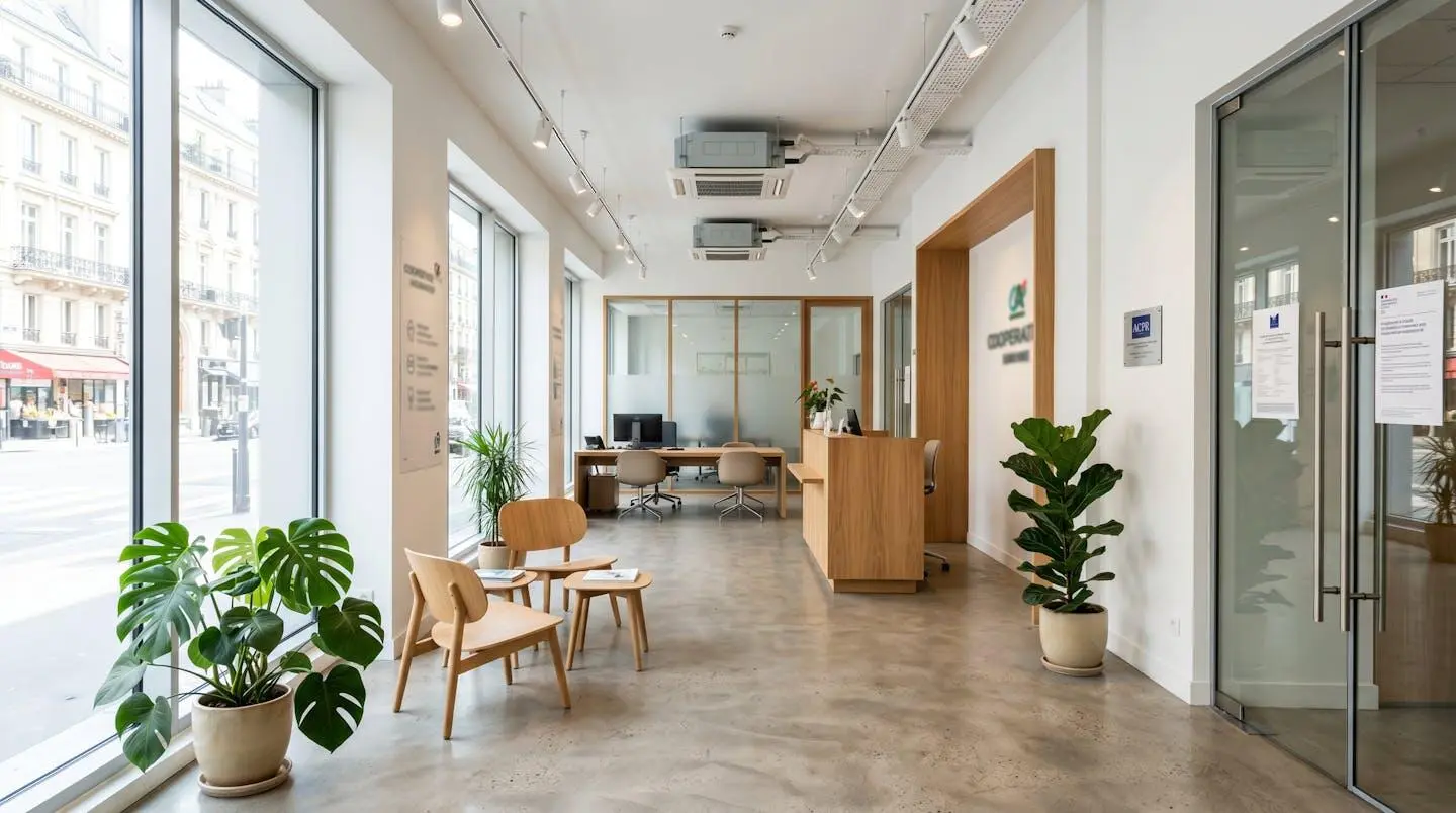 Plaque réglementaire ACPR affichée à l'entrée d'une agence bancaire moderne avec mobilier en bois clair et grande baie vitrée en arrière-plan