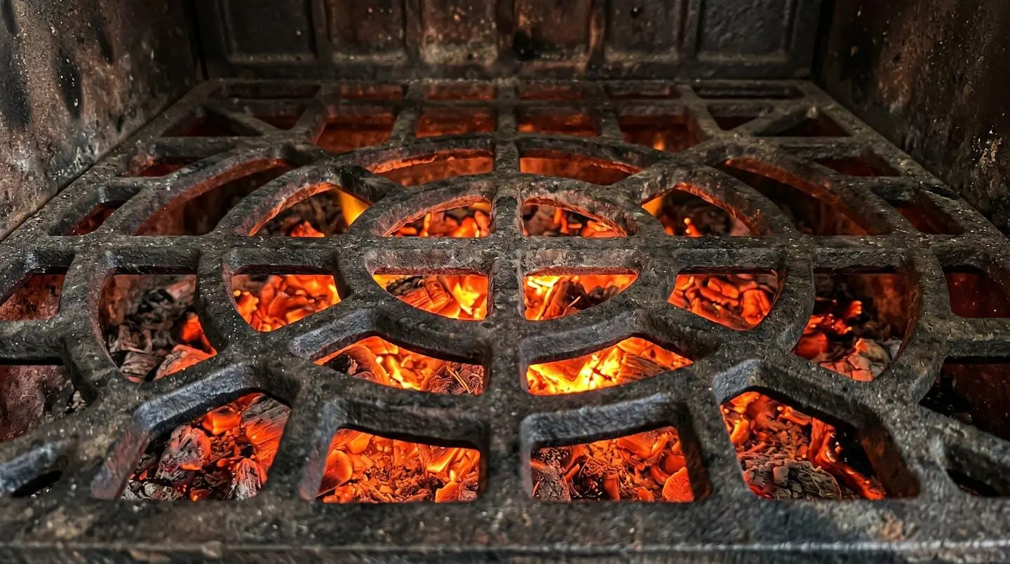 Gros plan sur des braises rouge vif visibles à travers la grille en fonte d'un poêle, texture métallique détaillée, lueur orangée intense