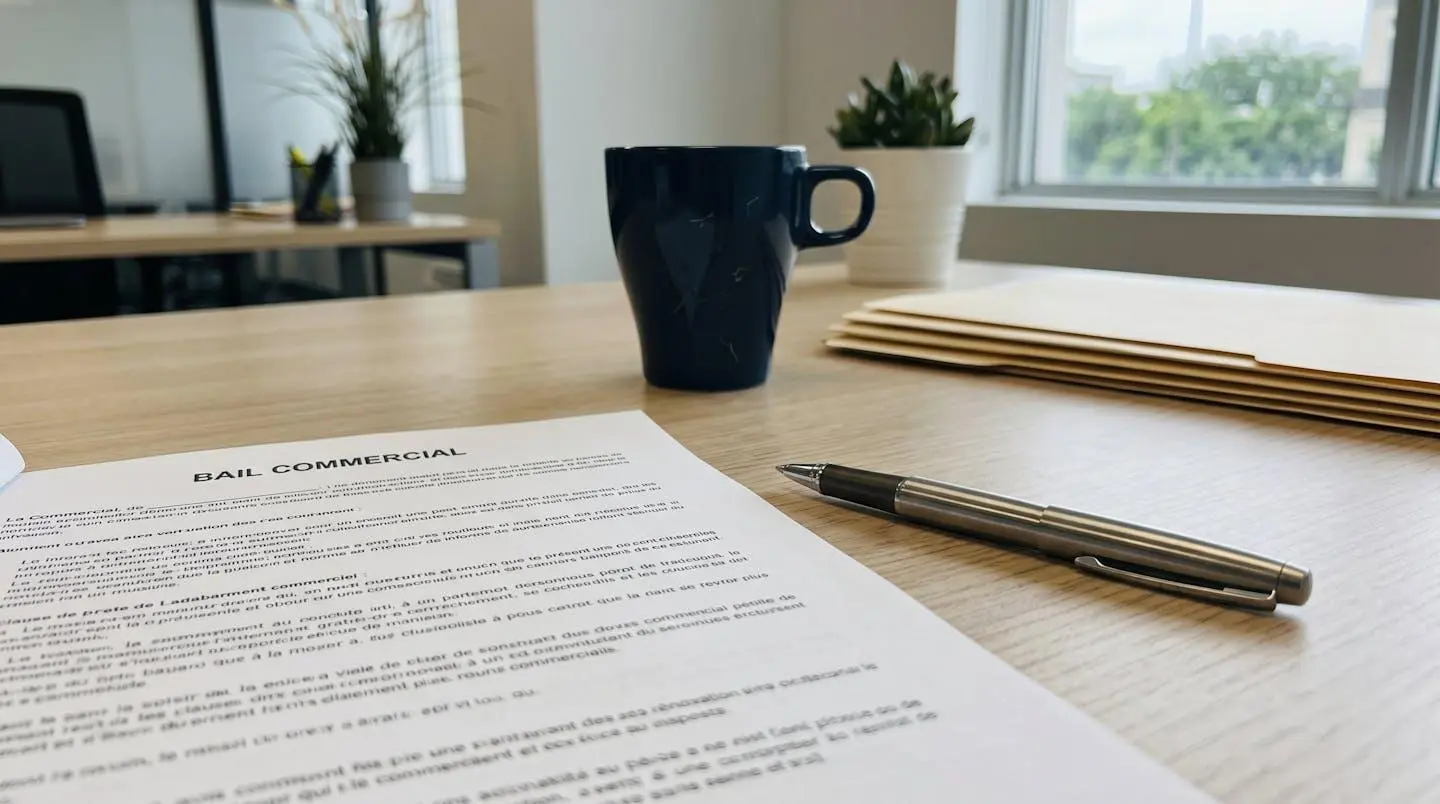 Gros plan sur une page de bail commercial montrant un paragraphe surligné concernant les clauses de substitution, une main tenant un stylo pointe un passage spécifique du contrat