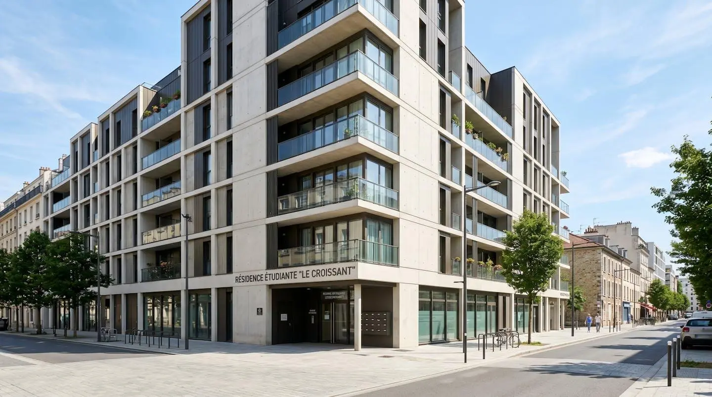 Vue en contre-plongée d'une façade de résidence étudiante moderne avec architecture contemporaine française, lignes épurées, grandes baies vitrées, bâtiment neuf en environnement urbain sous lumière naturelle du jour