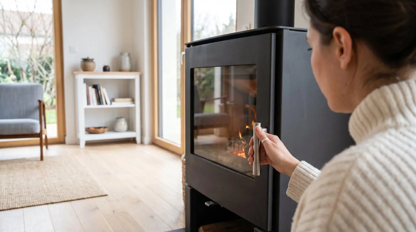 Main vue en gros plan ajustant la manette d'arrivée d'air sur un poêle à bois moderne, angle par-dessus l'épaule, intérieur français contemporain flou en arrière-plan