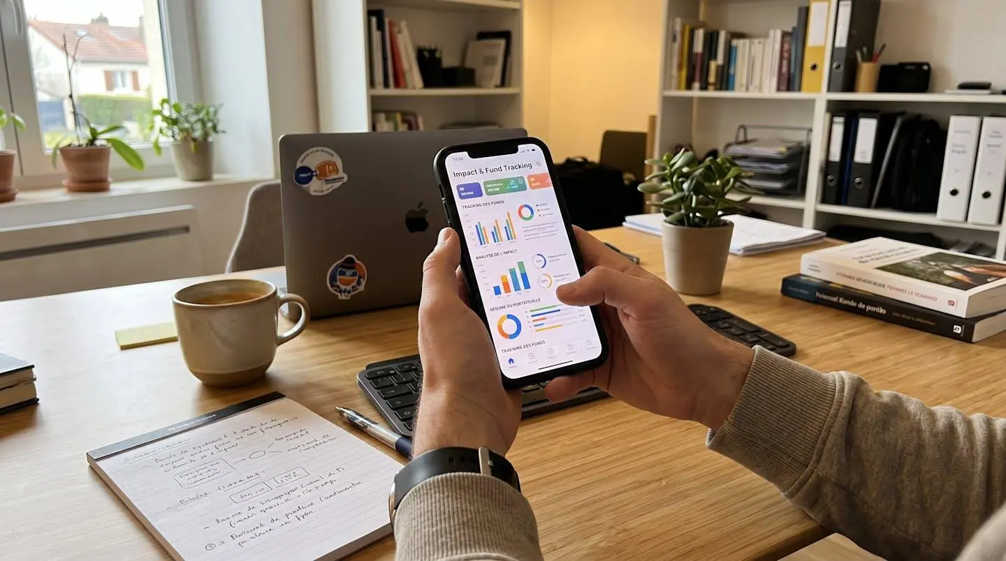 Gros plan sur des mains tenant un smartphone affichant une interface bancaire floue, posé sur une surface en bois naturel