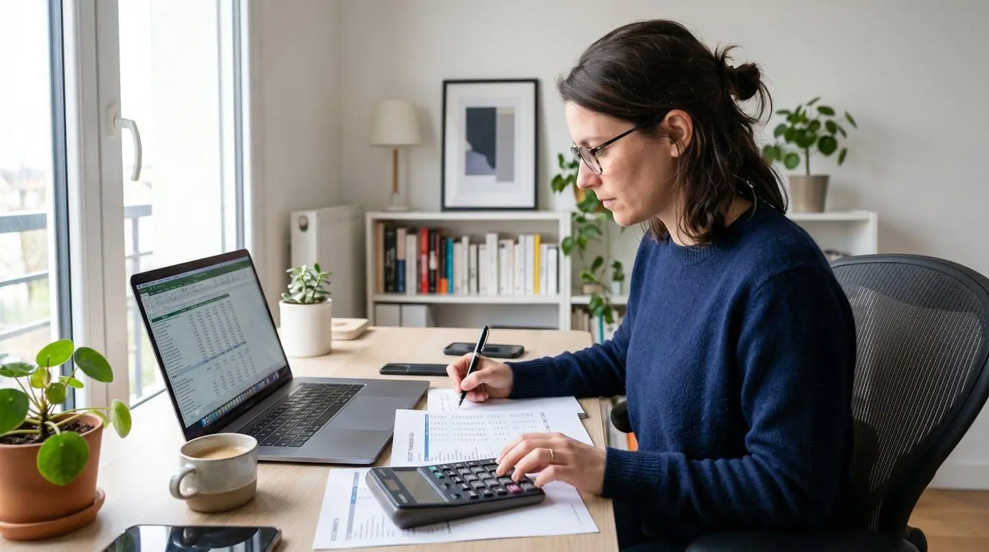 Vue de profil d'une personne concentrée assise à un bureau contemporain utilisant une calculatrice et prenant des notes sur une feuille de calculs financiers avec chiffres floutés, posture naturelle de travail