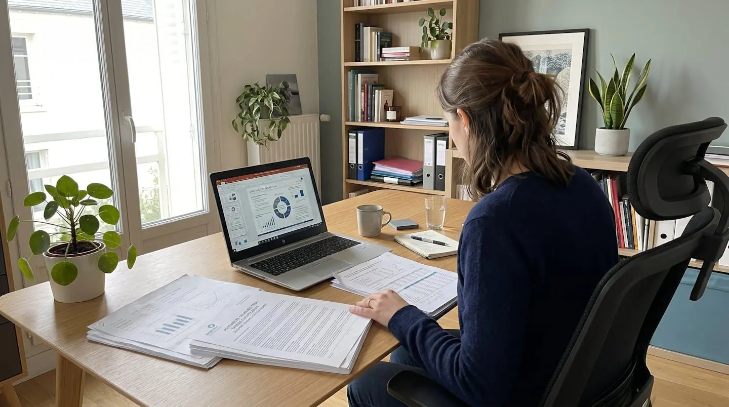 Vue de dos d'une personne assise à un bureau moderne, consultant des documents avec graphiques non lisibles, dans un espace de travail lumineux avec plantes vertes