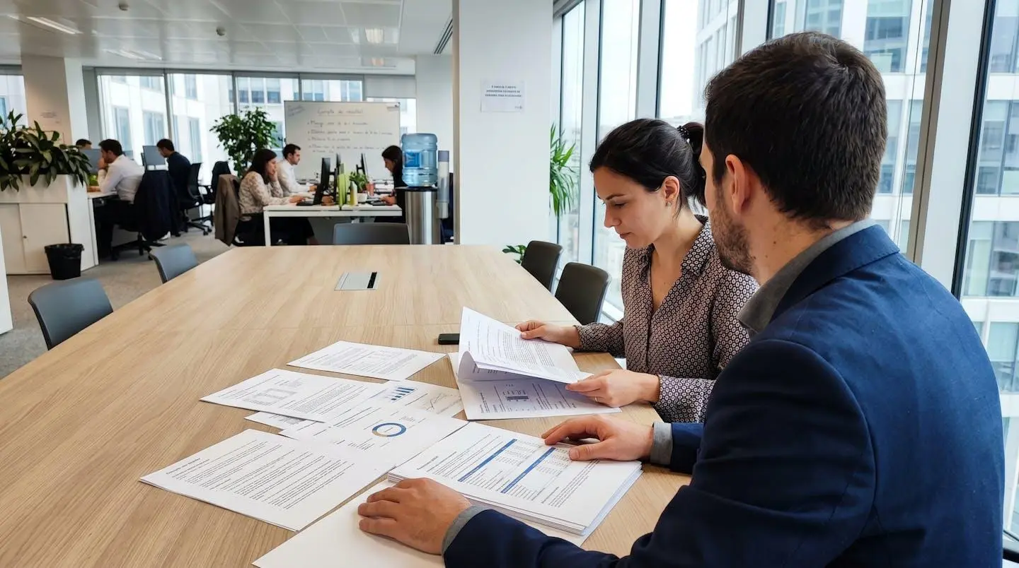 Vue par-dessus l'épaule montrant deux professionnels à un bureau moderne examinant des documents financiers imprimés, l'un d'eux pointe des chiffres sur les feuilles, moment naturel de travail