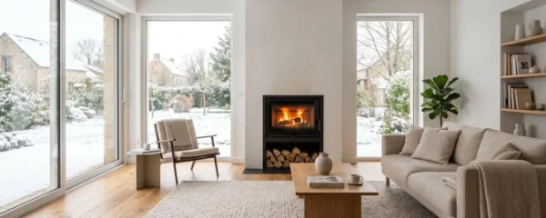 Salon contemporain français avec poêle à bois moderne installé près d'une grande baie vitrée, lumière d'hiver naturelle, intérieur minimaliste chaleureux