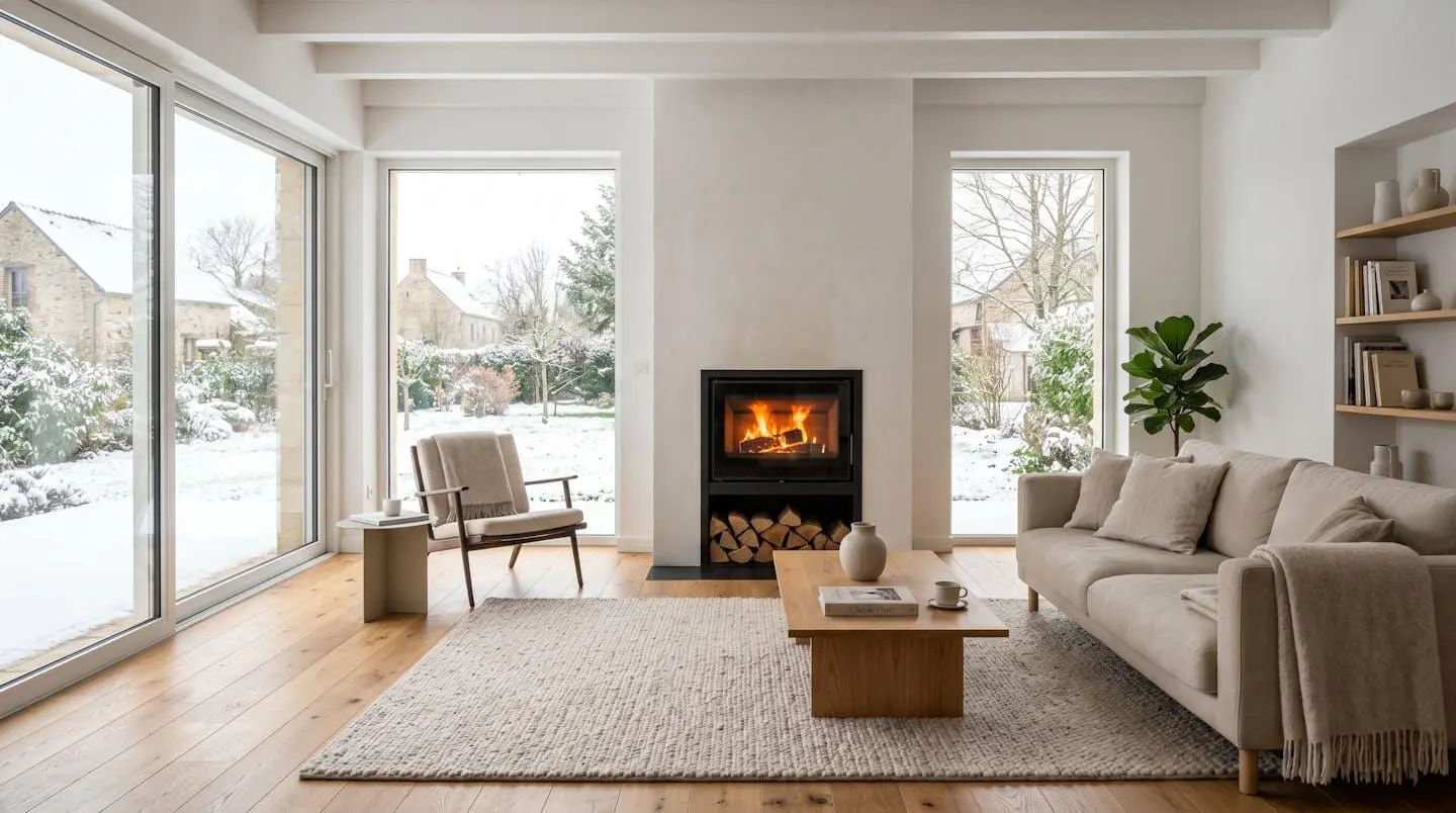 Salon contemporain français avec poêle à bois moderne installé près d'une grande baie vitrée, lumière d'hiver naturelle, intérieur minimaliste chaleureux