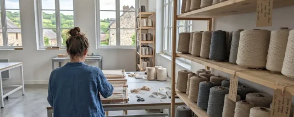 Atelier textile contemporain en Normandie avec grandes fenêtres laissant entrer la lumière naturelle, rangées de bobines de fil aux tons beiges et crème sur étagères en bois clair, espace de travail épuré avec légères imperfections du quotidien