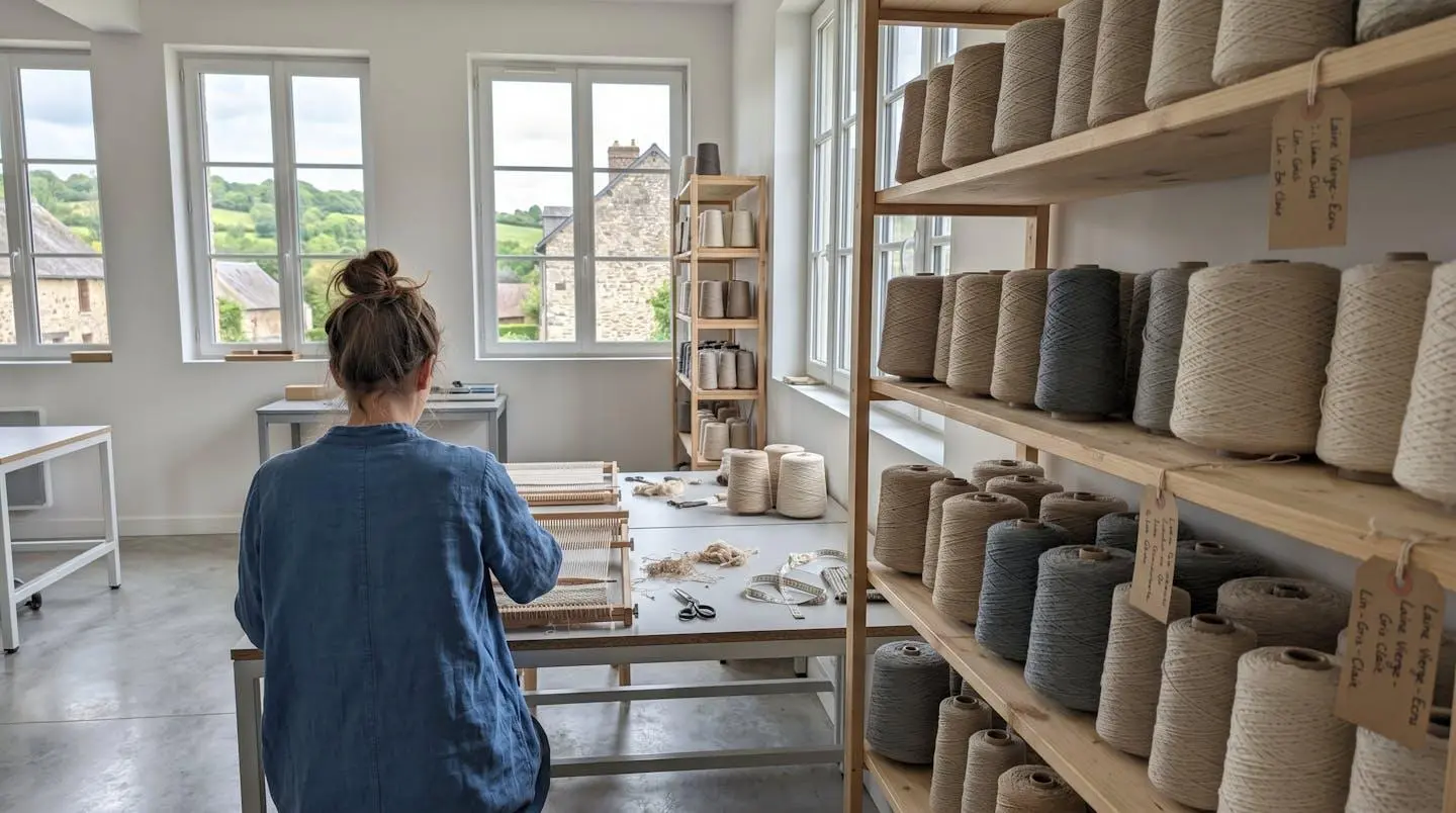 Atelier textile contemporain en Normandie avec grandes fenêtres laissant entrer la lumière naturelle, rangées de bobines de fil aux tons beiges et crème sur étagères en bois clair, espace de travail épuré avec légères imperfections du quotidien