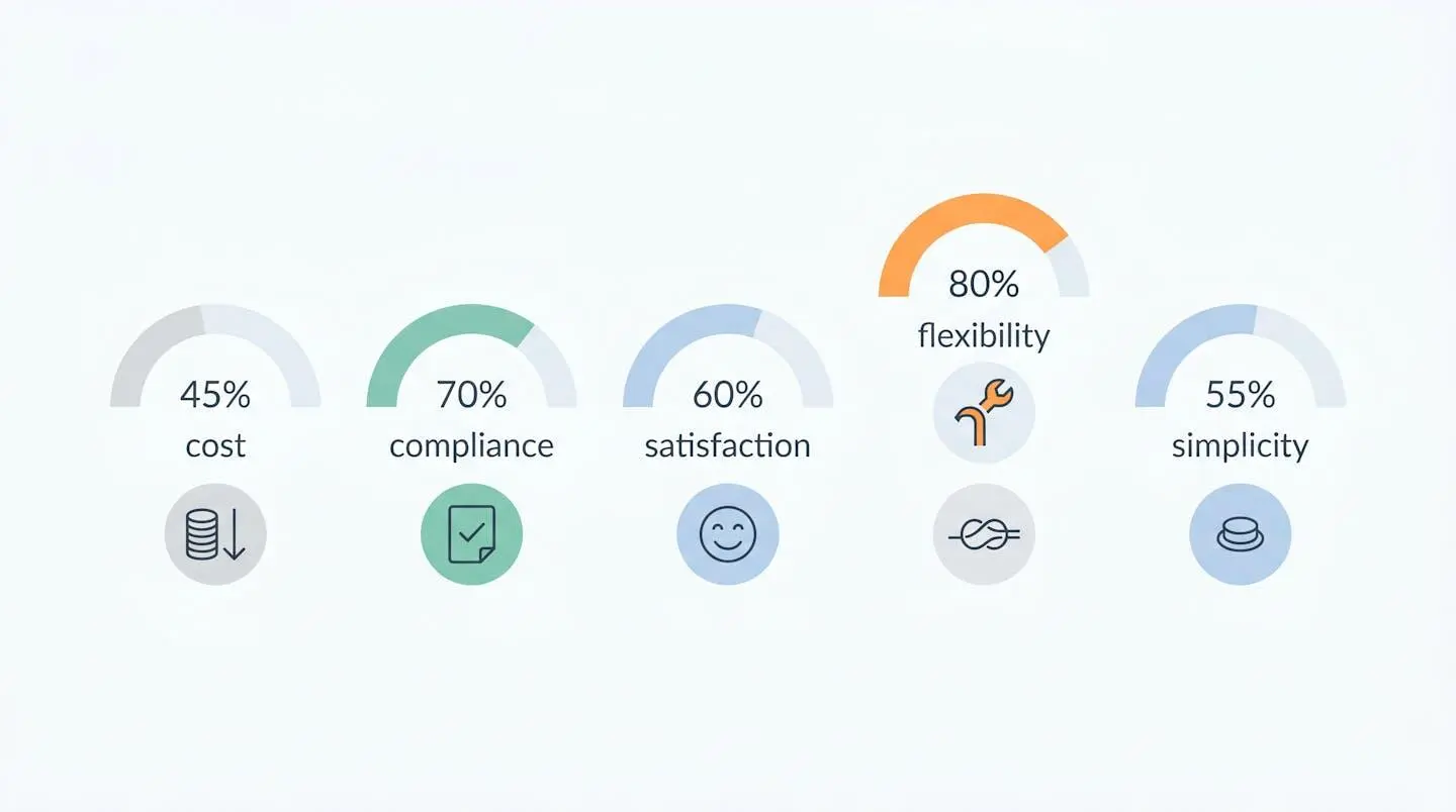 Grille de cinq jauges colorées représentant les critères d'audit des avantages sociaux.