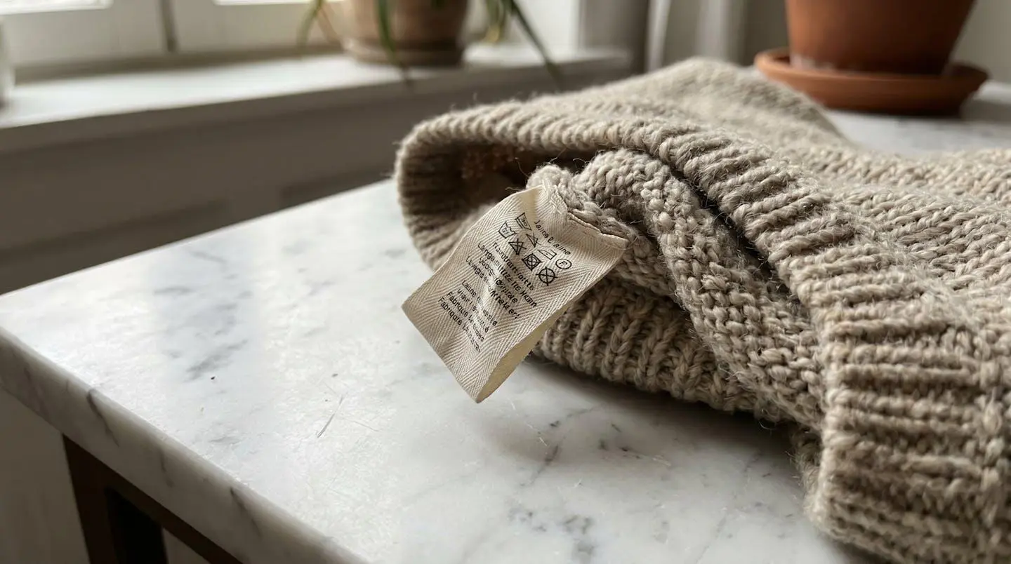 Gros plan rapproché sur étiquette de composition textile cousue sur vêtement en maille naturelle beige, texte rendu illisible, éclairage naturel doux, surface marbre blanc épurée