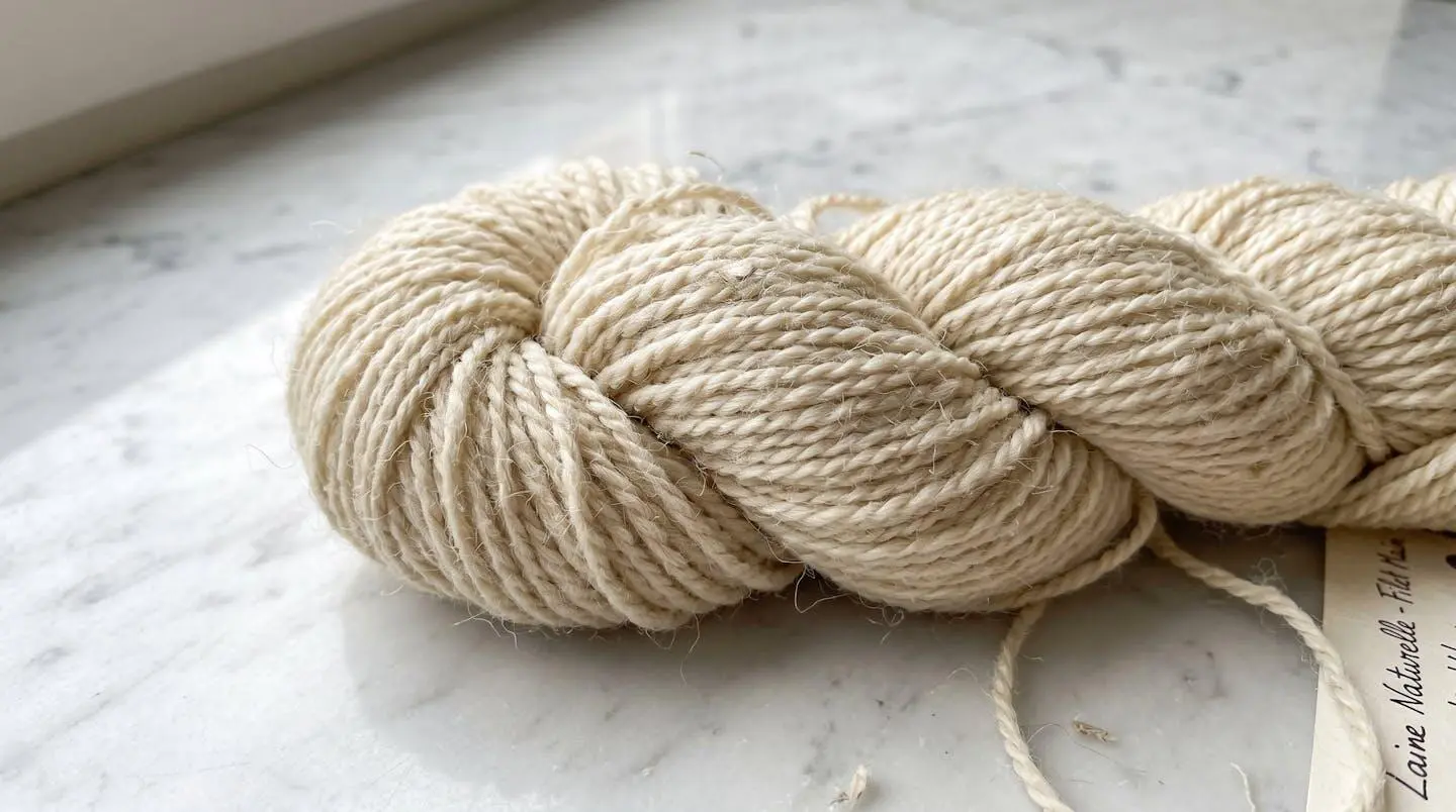 Macro photographique de fibres de fil de laine naturelle couleur crème, détail de la texture et de la torsion régulière du fil, éclairage latéral doux, surface marbre blanc épurée
