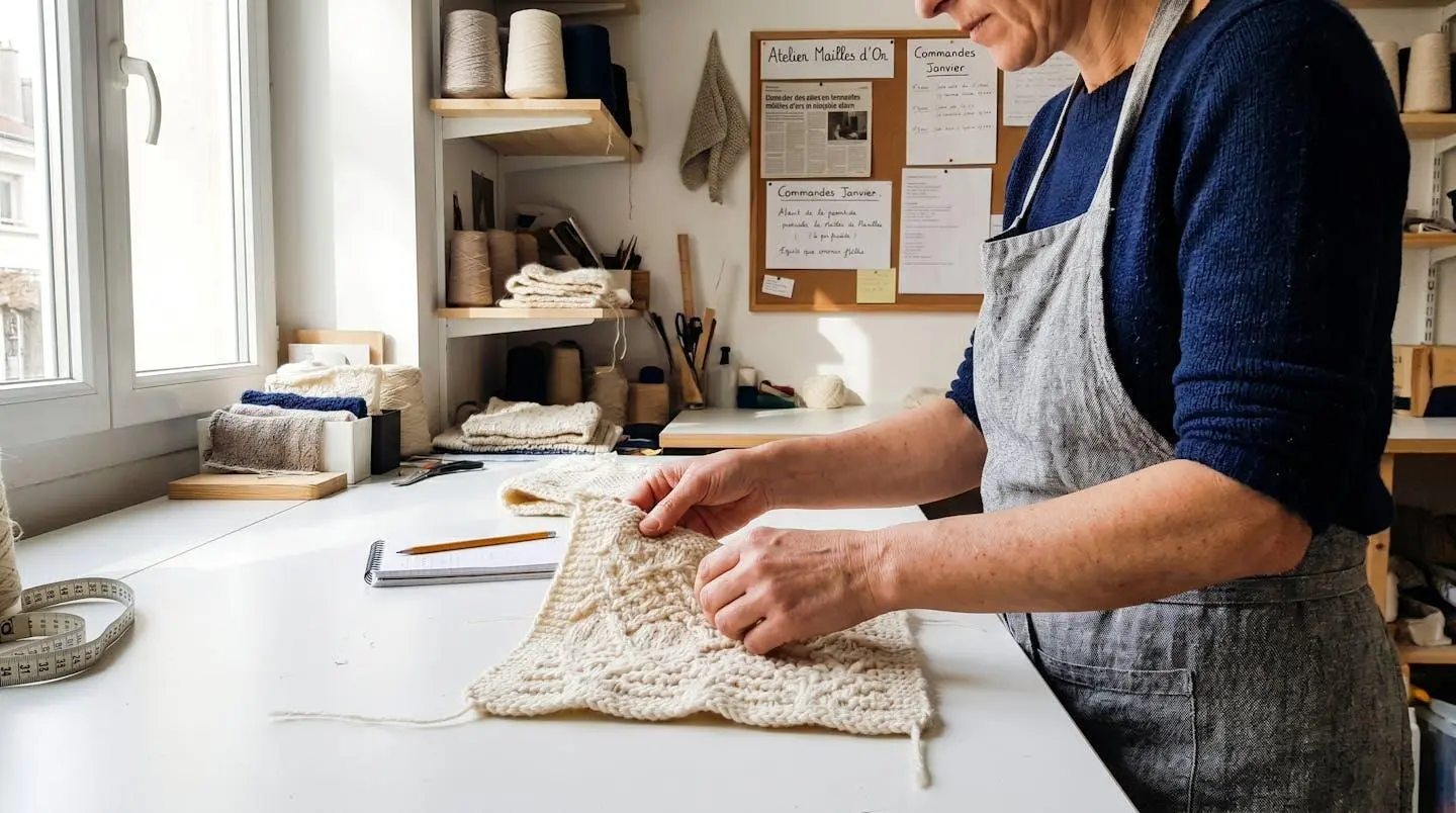Mains d'artisan textile manipulant délicatement un échantillon de tissu maille couleur crème dans un atelier français lumineux, personne vue de dos, lumière naturelle de fenêtre, espace de travail contemporain épuré avec imperfections authentiques