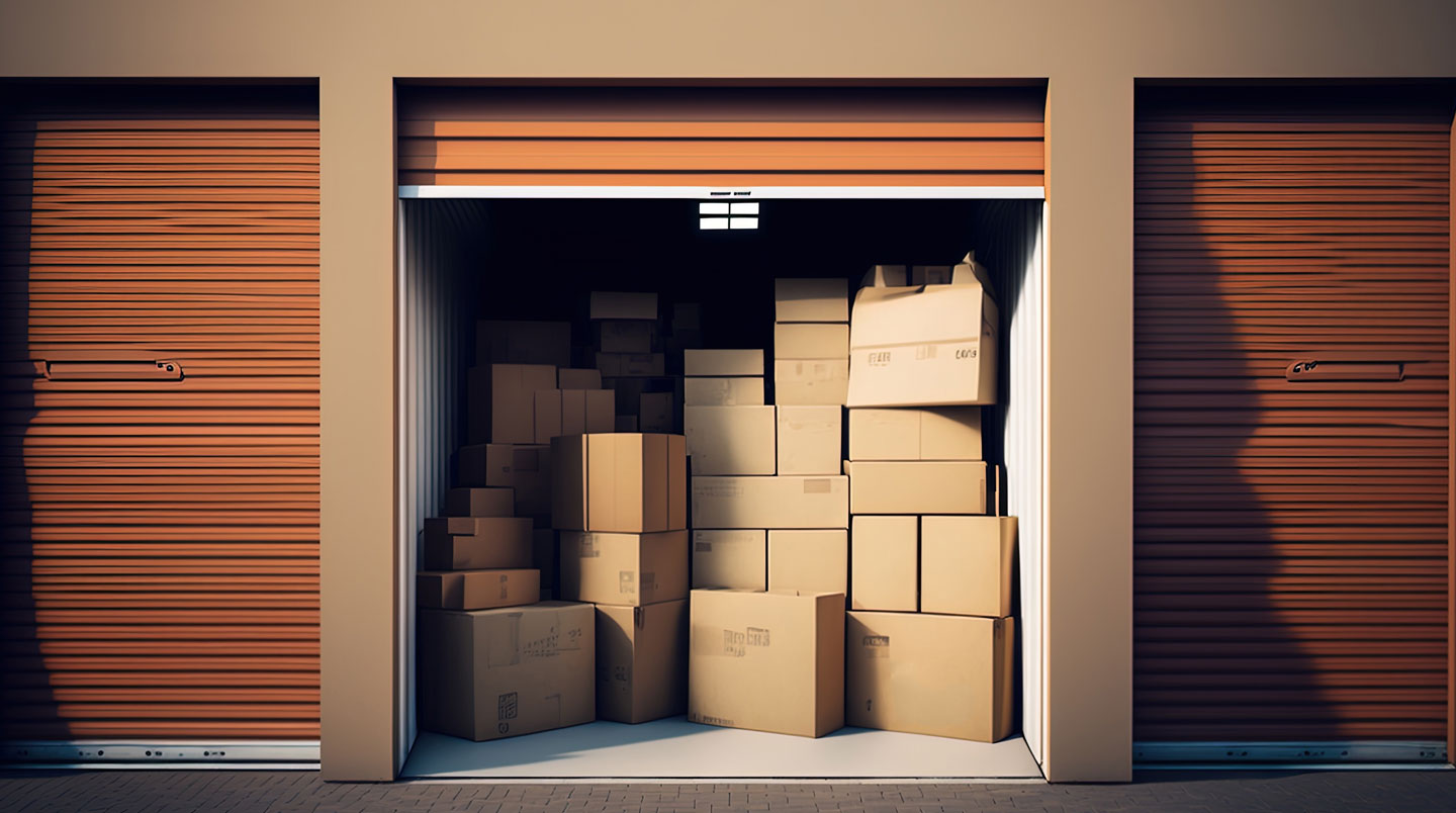 Intérieur d'un box de self-stockage bien éclairé, avec des cartons empilés et des meubles protégés par des housses