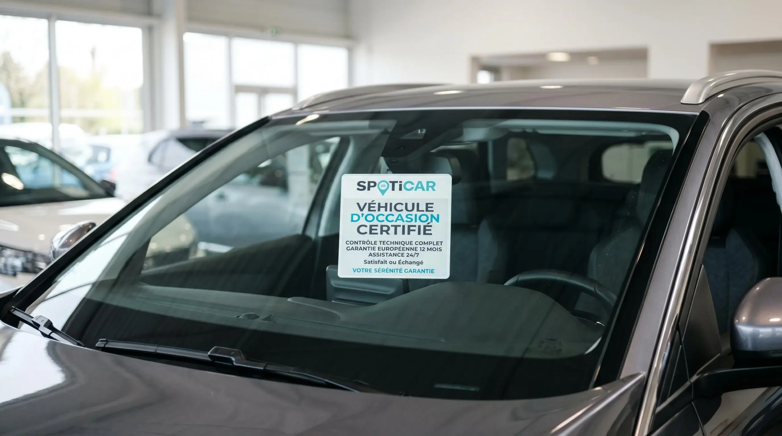 Gros plan sur un badge de certification Spoticar apposé sur le pare-brise d'un véhicule d'occasion en concession