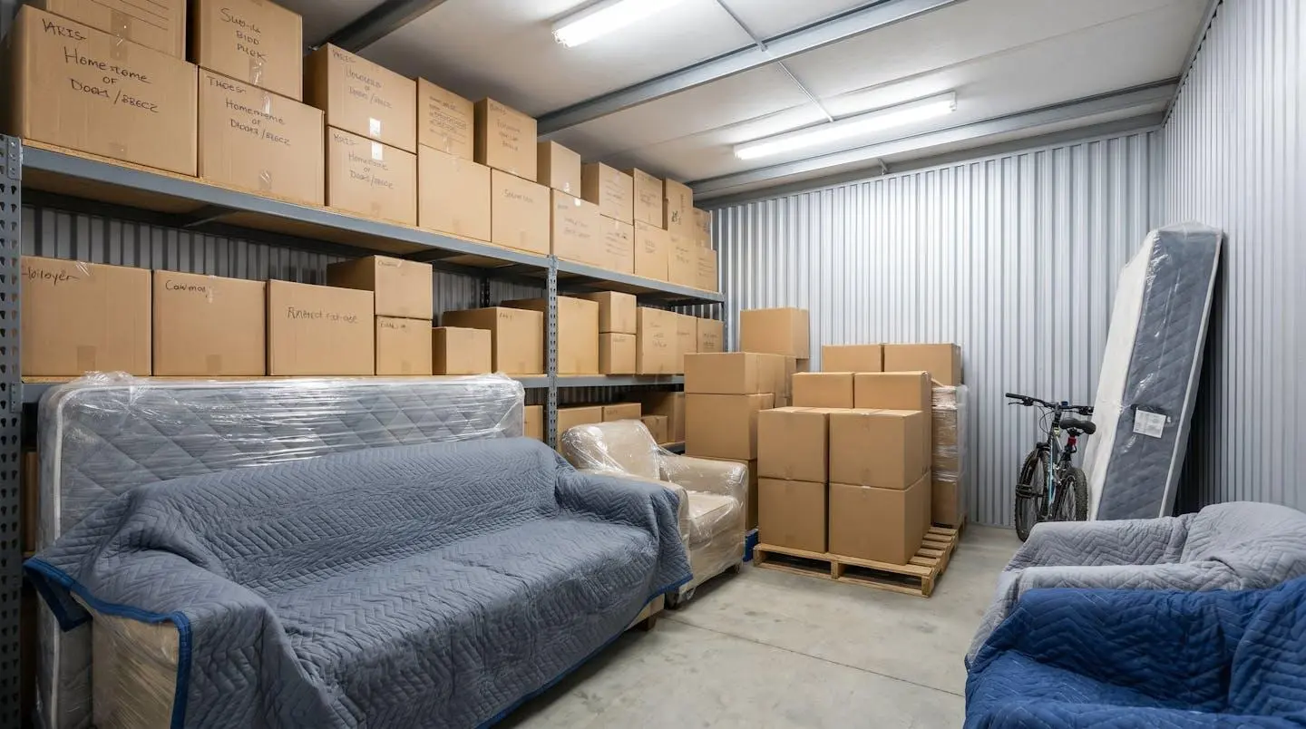 Intérieur d'un box de self-stockage bien éclairé, avec des cartons empilés et des meubles protégés par des housses