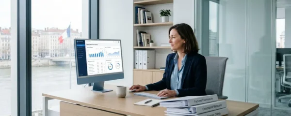 Bureau contemporain de dirigeant d'entreprise avec écran affichant tableau de bord de gestion financière et documents comptables organisés, lumière naturelle, atmosphère professionnelle sereine