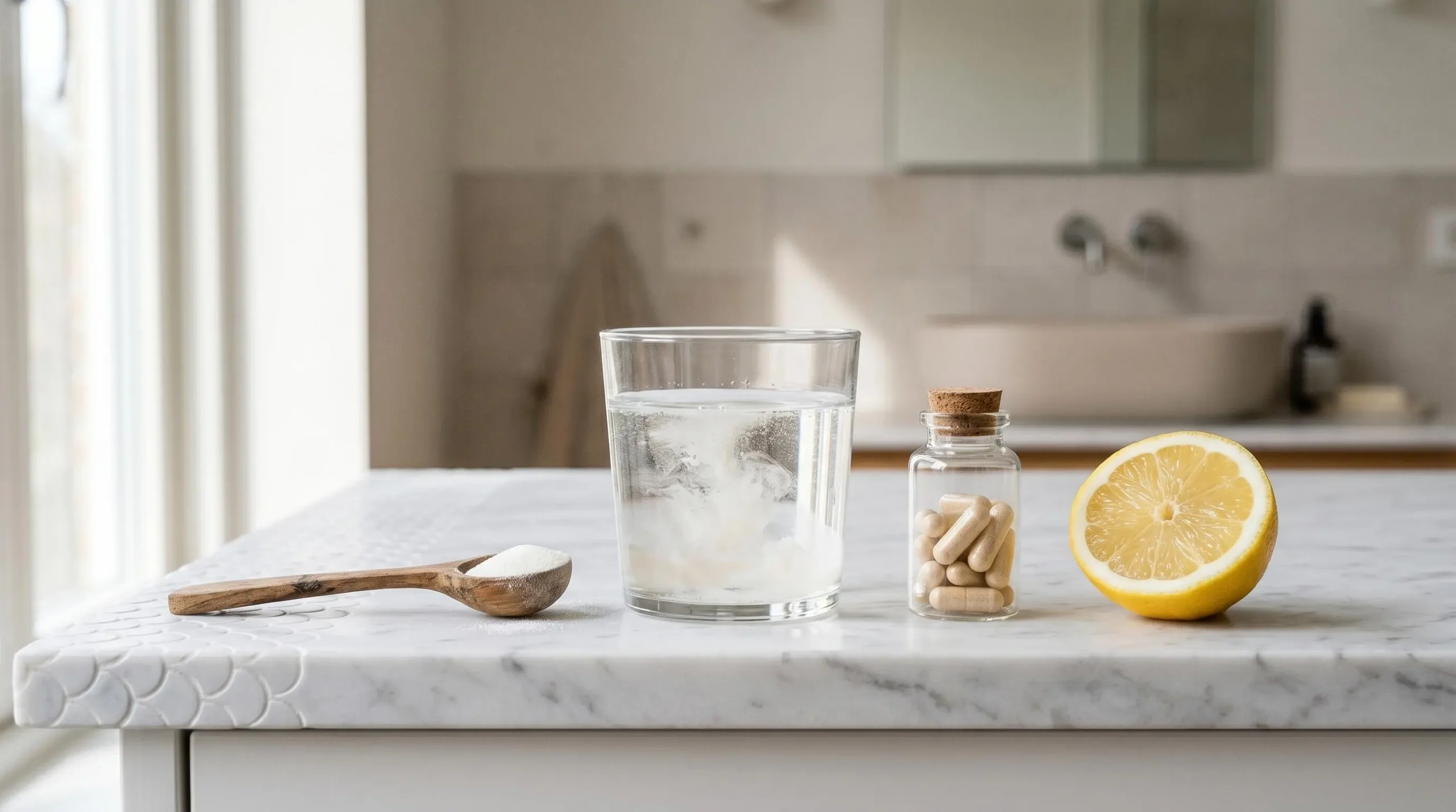 Comptoir blanc avec verre de collagène en poudre, gélules en pilulier transparent, citron coupé et détails d'écailles de poisson, dans une lumière douce matinale