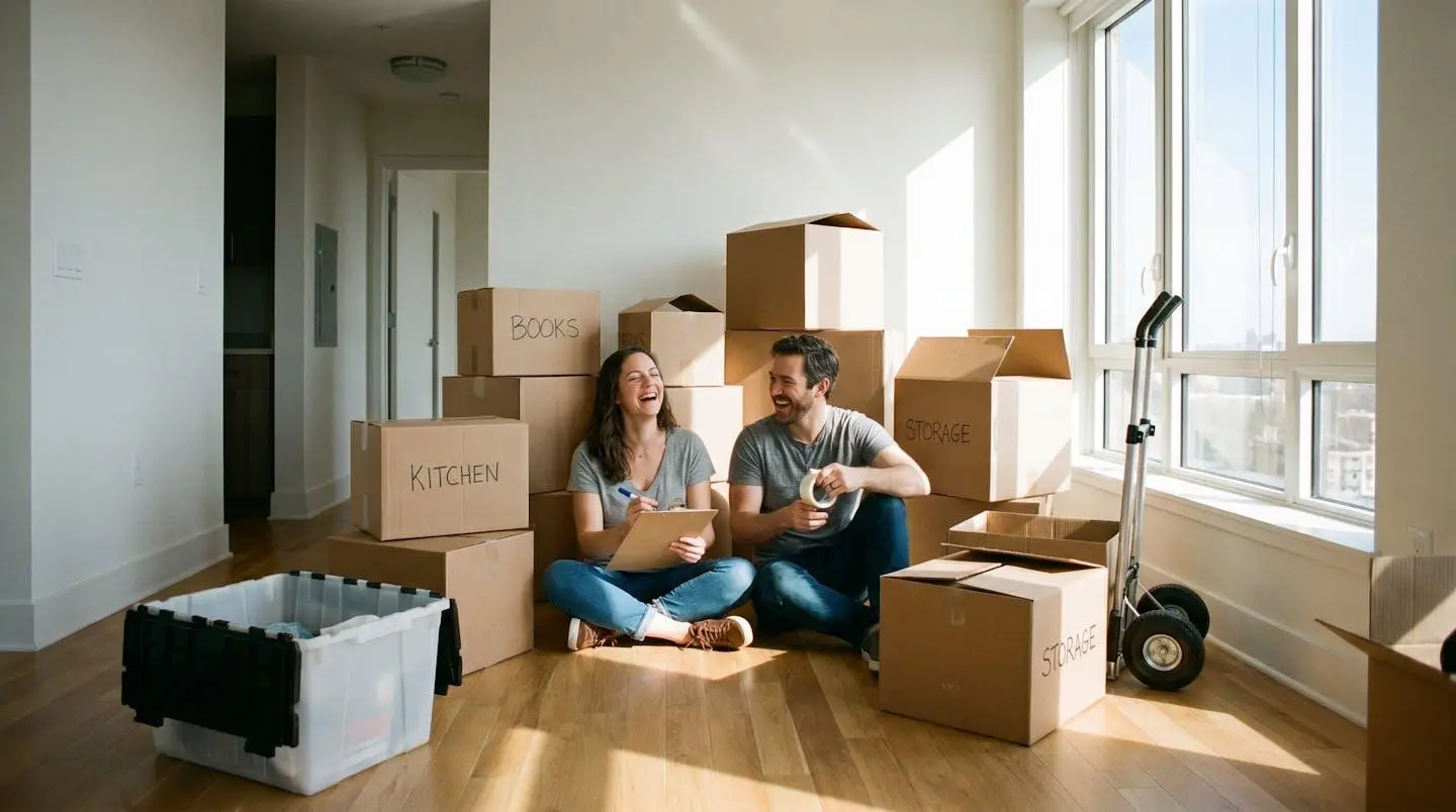 Couple entouré de cartons de déménagement dans un couloir d'appartement lumineux, s'apprêtant à organiser leur stockage