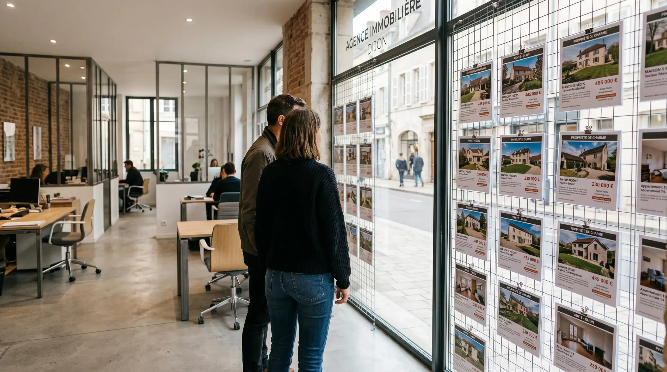 Couple consultant des annonces immobilières affichées dans la vitrine d'une agence à Dijon