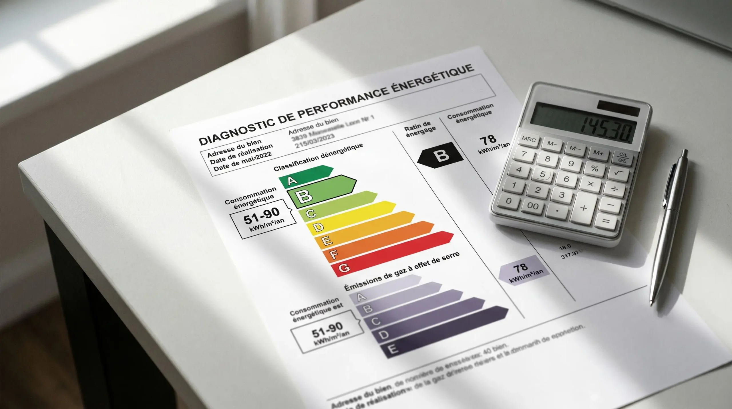 Document officiel de Diagnostic de Performance Énergétique français avec étiquette énergétique de A à G posé sur un bureau