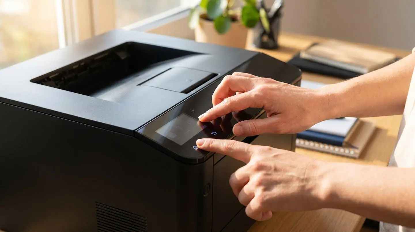 Gros plan sur le panneau de contrôle tactile d'une imprimante multifonction laser en situation d'utilisation dans un bureau lumineux