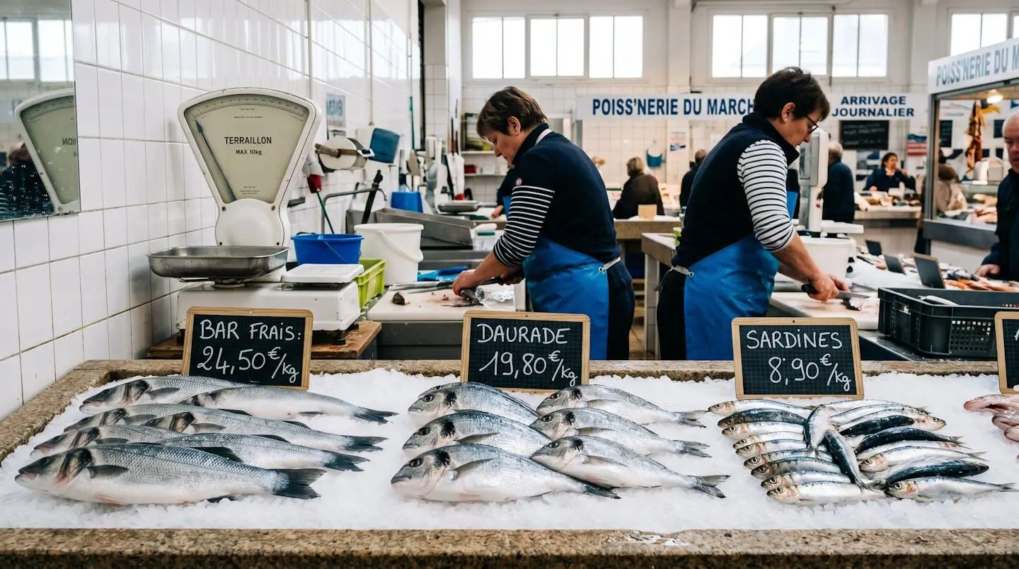 Étal de marché français avec poissons frais sur glace, étiquettes de prix manuscrites, mains de poissonnier travaillant en arrière-plan