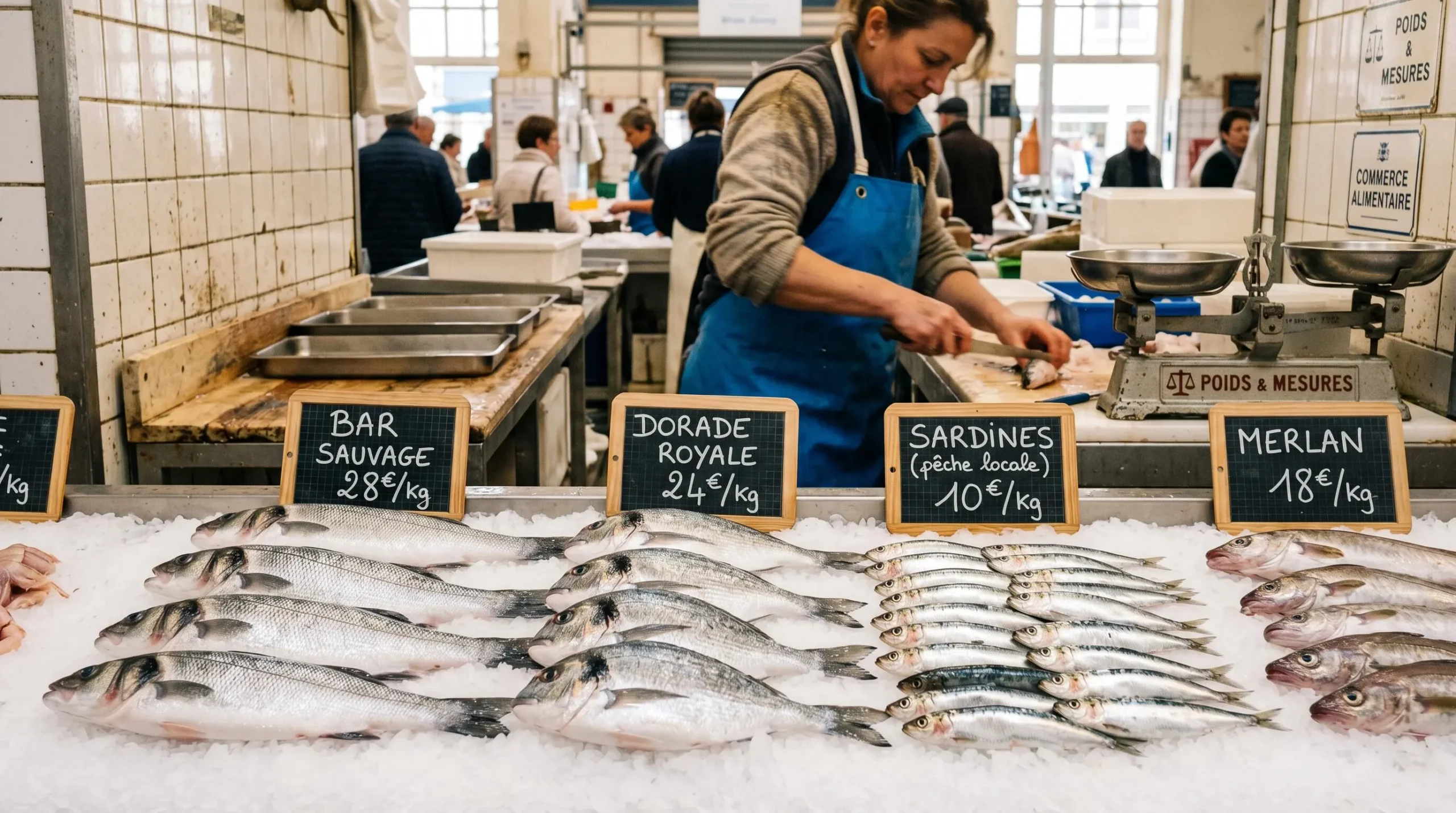 Étal de marché français avec poissons frais sur glace, étiquettes de prix manuscrites, mains de poissonnier travaillant en arrière-plan