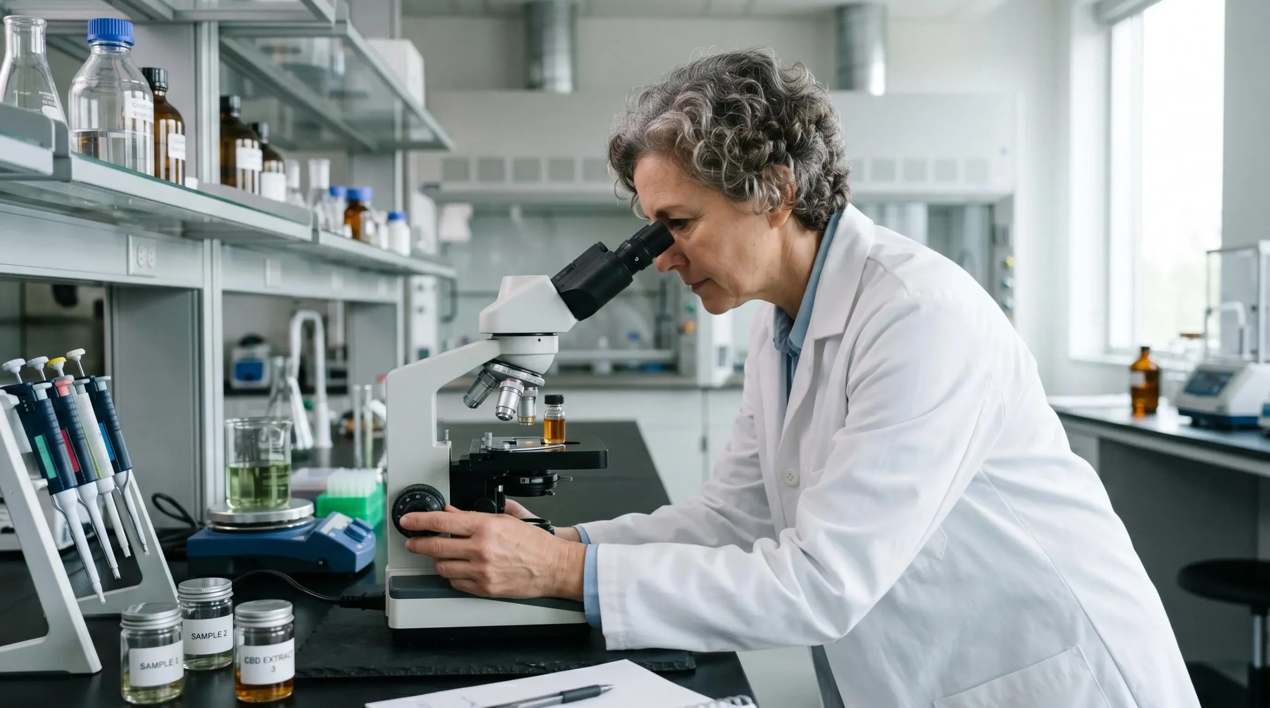 Scientifique analysant un échantillon de CBD en laboratoire avec microscope et équipement analytique