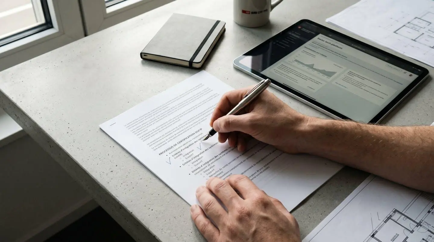 Main annotant checklist de critères techniques avec certification DGFiP visible en français, tablette numérique affichant interface plateforme à côté, bureau épuré, lumière focalisée