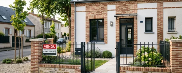Maison contemporaine française de plain-pied avec façade mixte brique et crépi blanc, jardin et panneau Vendu devant l'entrée