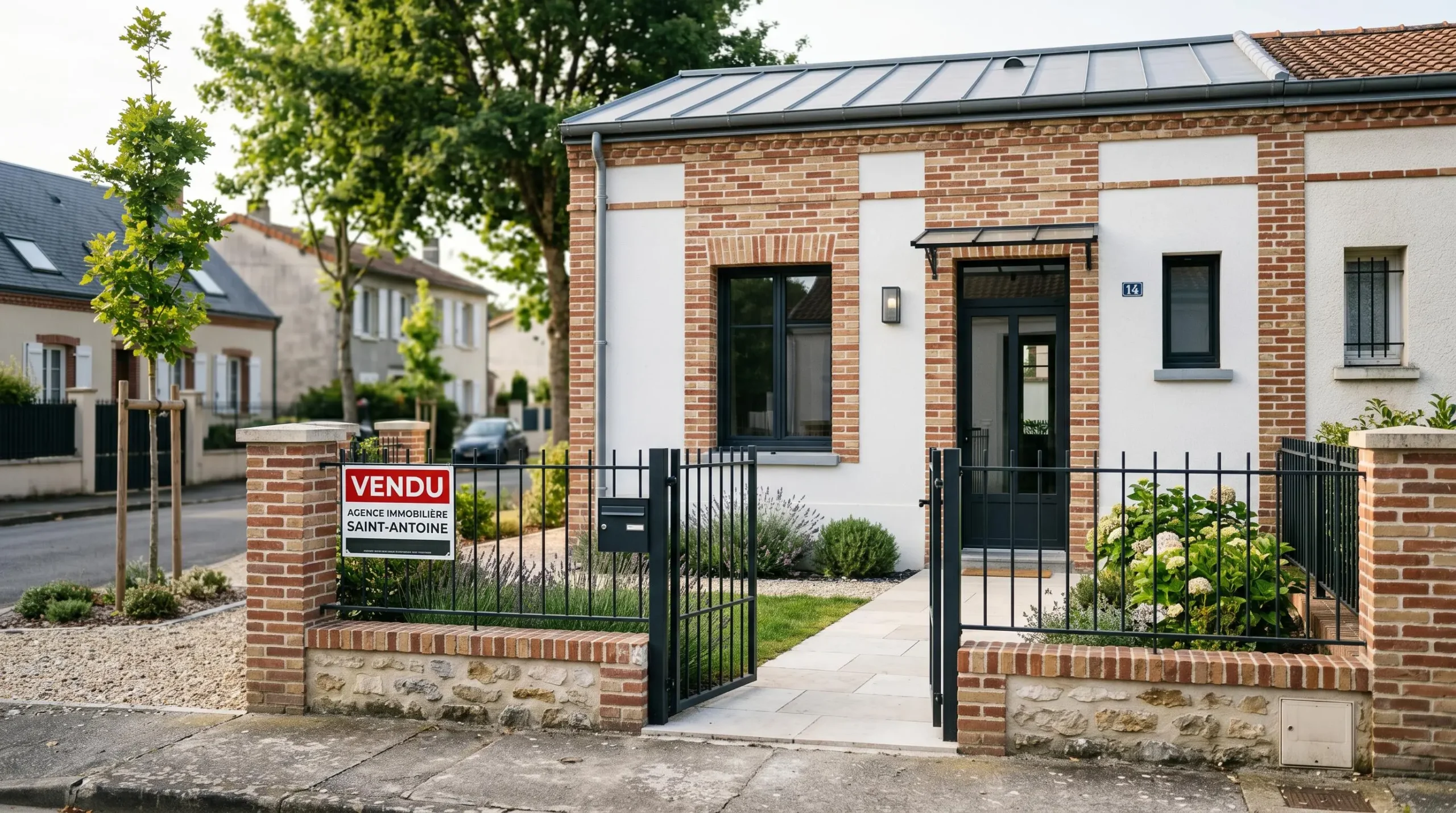 Maison contemporaine française de plain-pied avec façade mixte brique et crépi blanc, jardin et panneau Vendu devant l'entrée