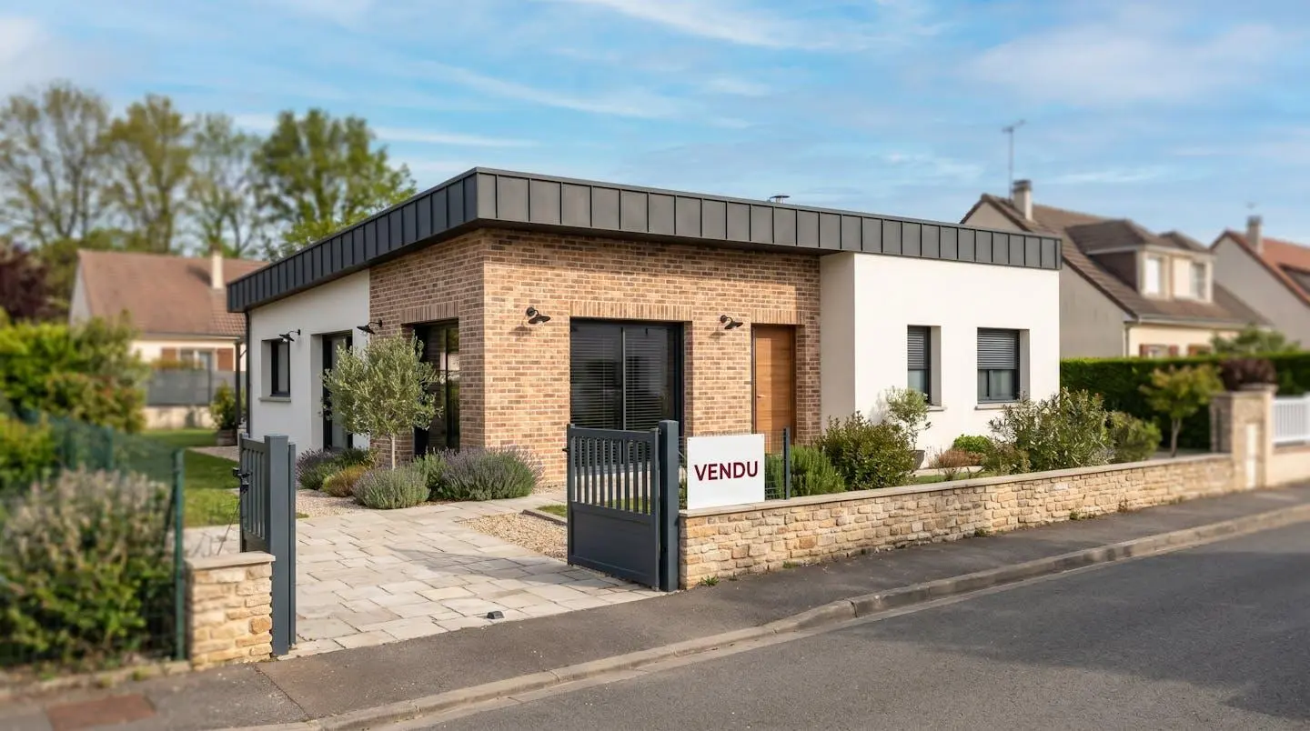 Maison contemporaine française de plain-pied avec façade mixte brique et crépi blanc, jardin et panneau Vendu devant l'entrée