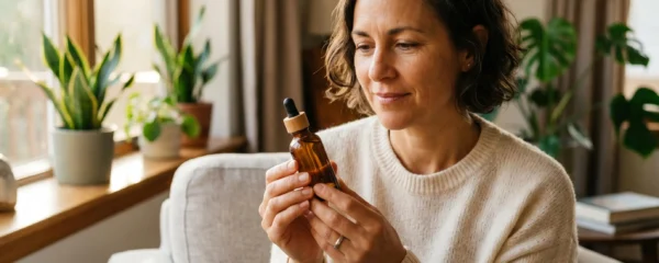 Personne tenant un flacon d'huile de CBD entre ses mains, lumière naturelle douce en arrière-plan