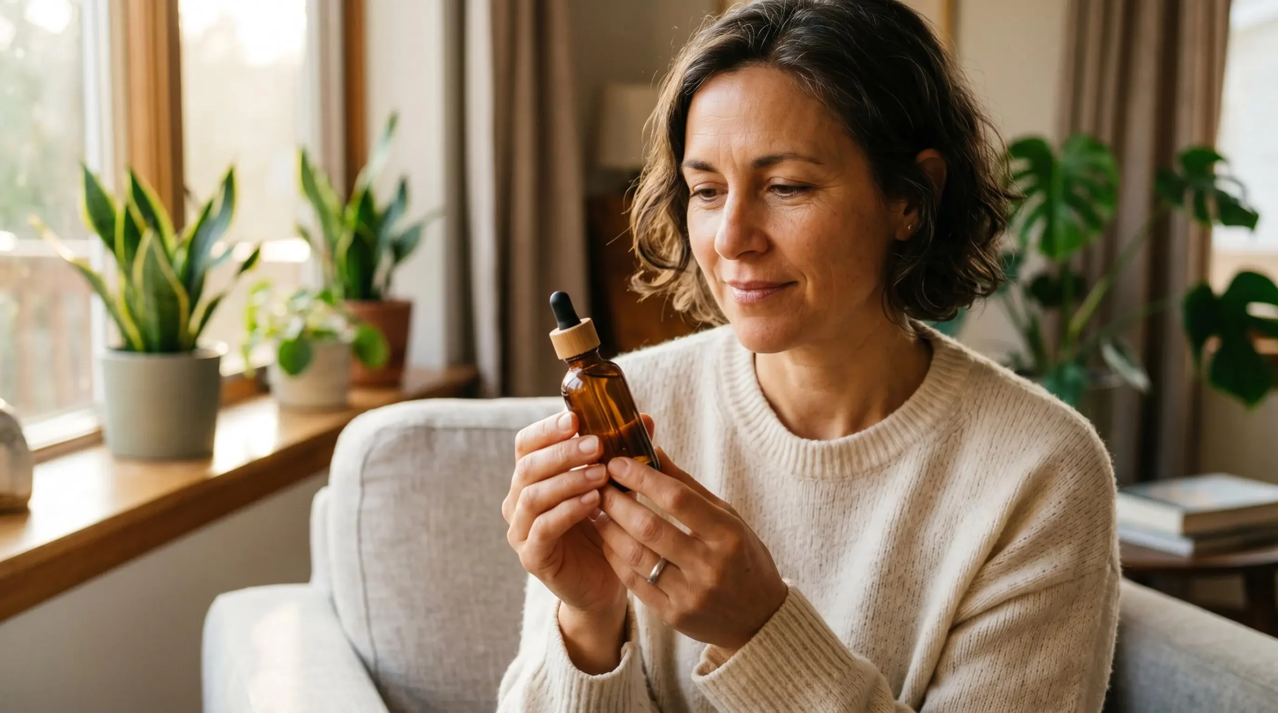 Personne tenant un flacon d'huile de CBD entre ses mains, lumière naturelle douce en arrière-plan
