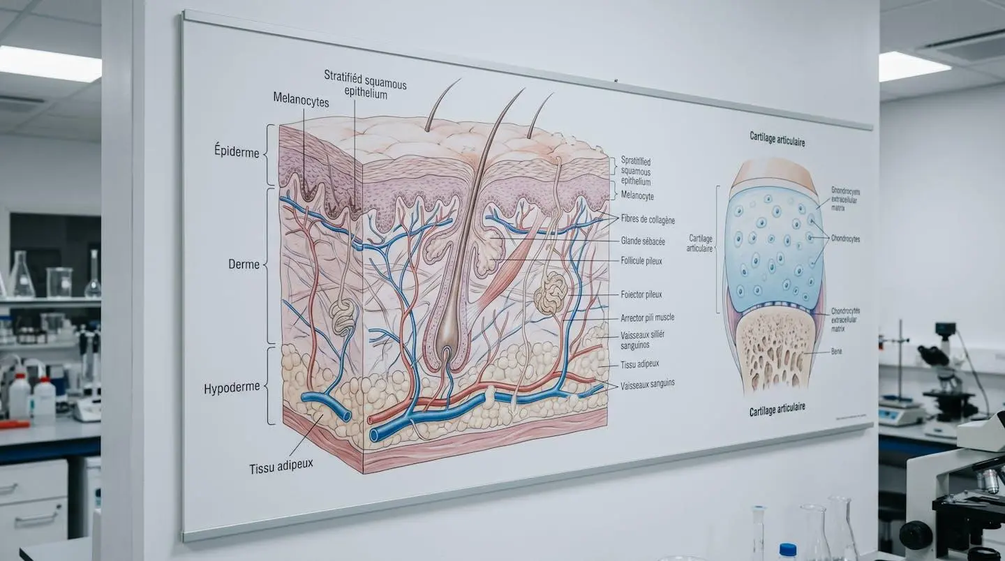 Planche anatomique scientifique montrant une coupe de peau avec fibres de collagène dans le derme et schéma de cartilage articulaire