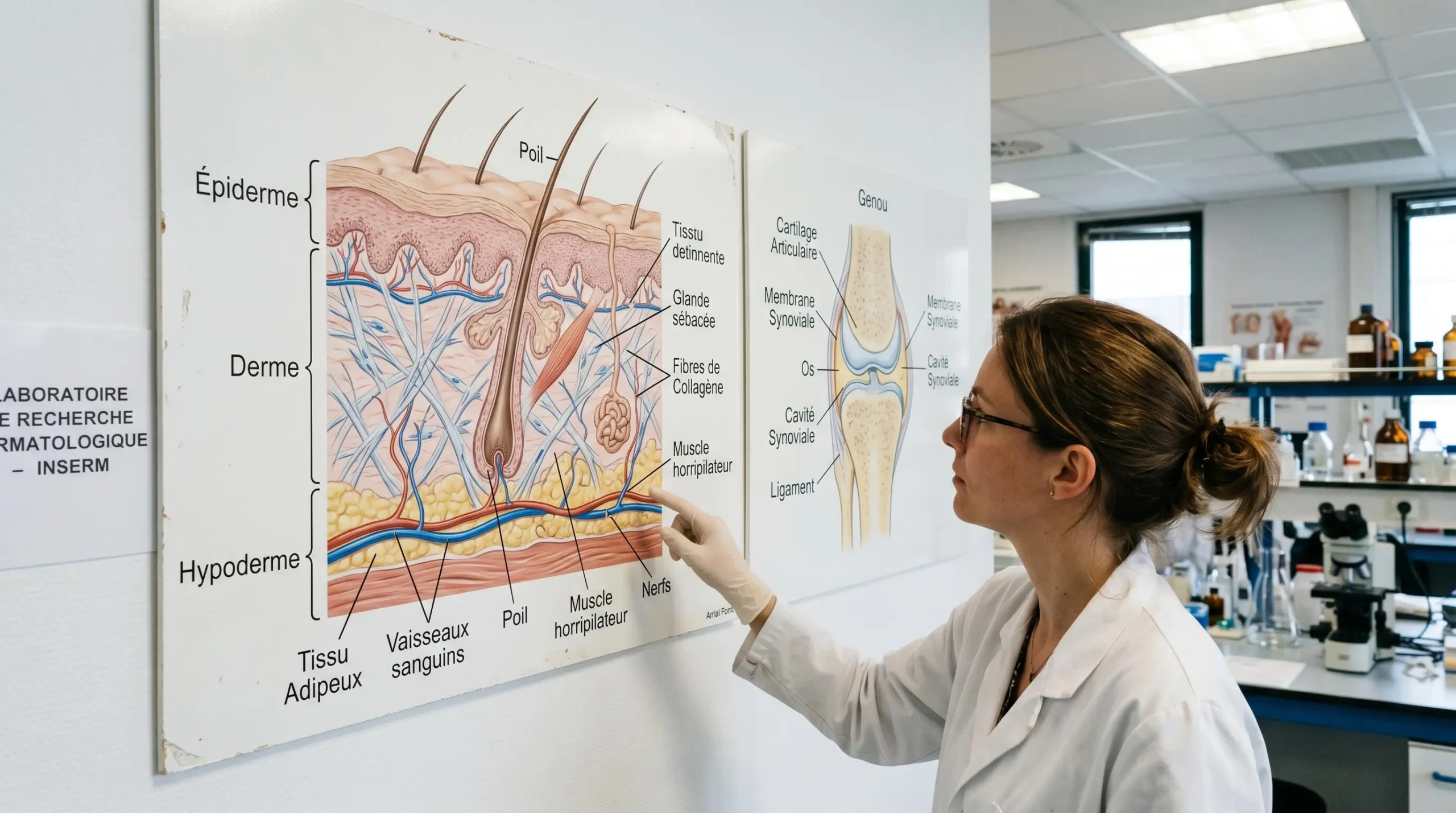 Planche anatomique scientifique montrant une coupe de peau avec fibres de collagène dans le derme et schéma de cartilage articulaire