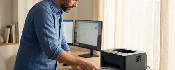 Professionnel en télétravail récupérant un document imprimé sur une imprimante multifonction laser compacte posée sur un bureau à domicile organisé