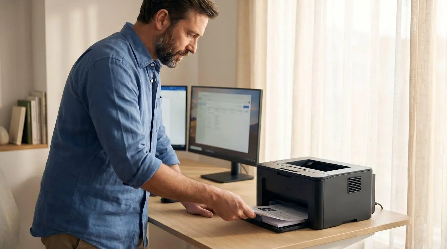 Professionnel en télétravail récupérant un document imprimé sur une imprimante multifonction laser compacte posée sur un bureau à domicile organisé