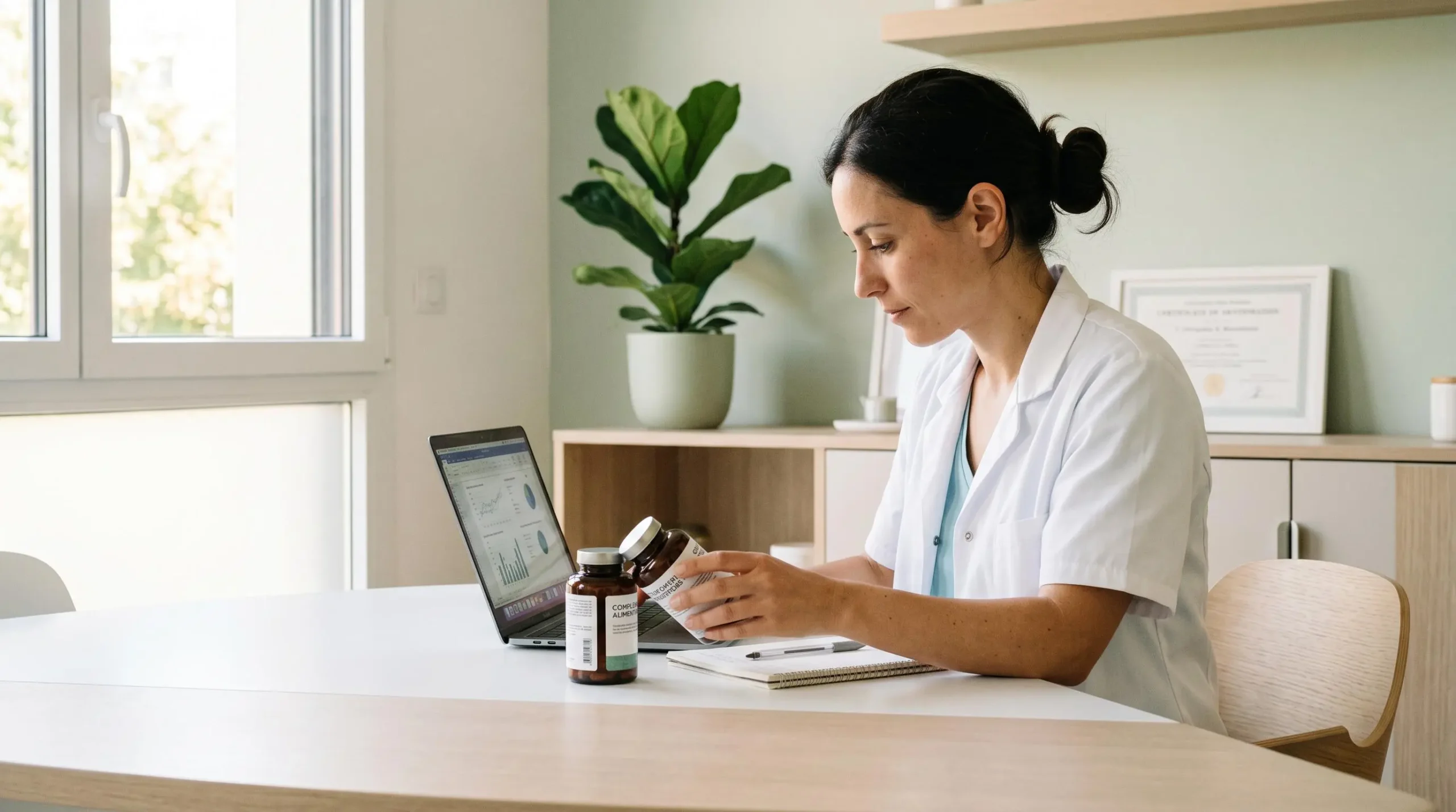 Professionnelle de santé en blouse blanche consultant des flacons de compléments sur un bureau moderne dans un cabinet médical lumineux