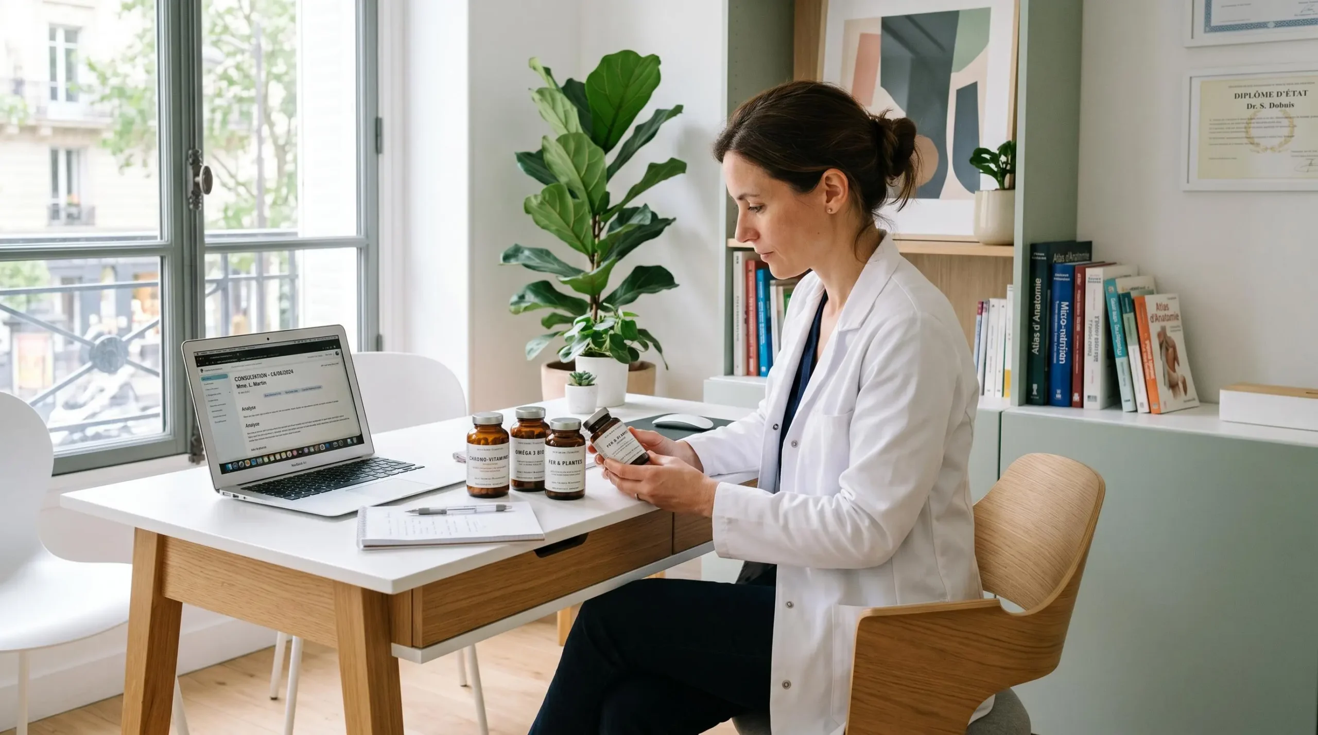Professionnelle de santé en blouse blanche consultant des flacons de compléments sur un bureau moderne dans un cabinet médical lumineux