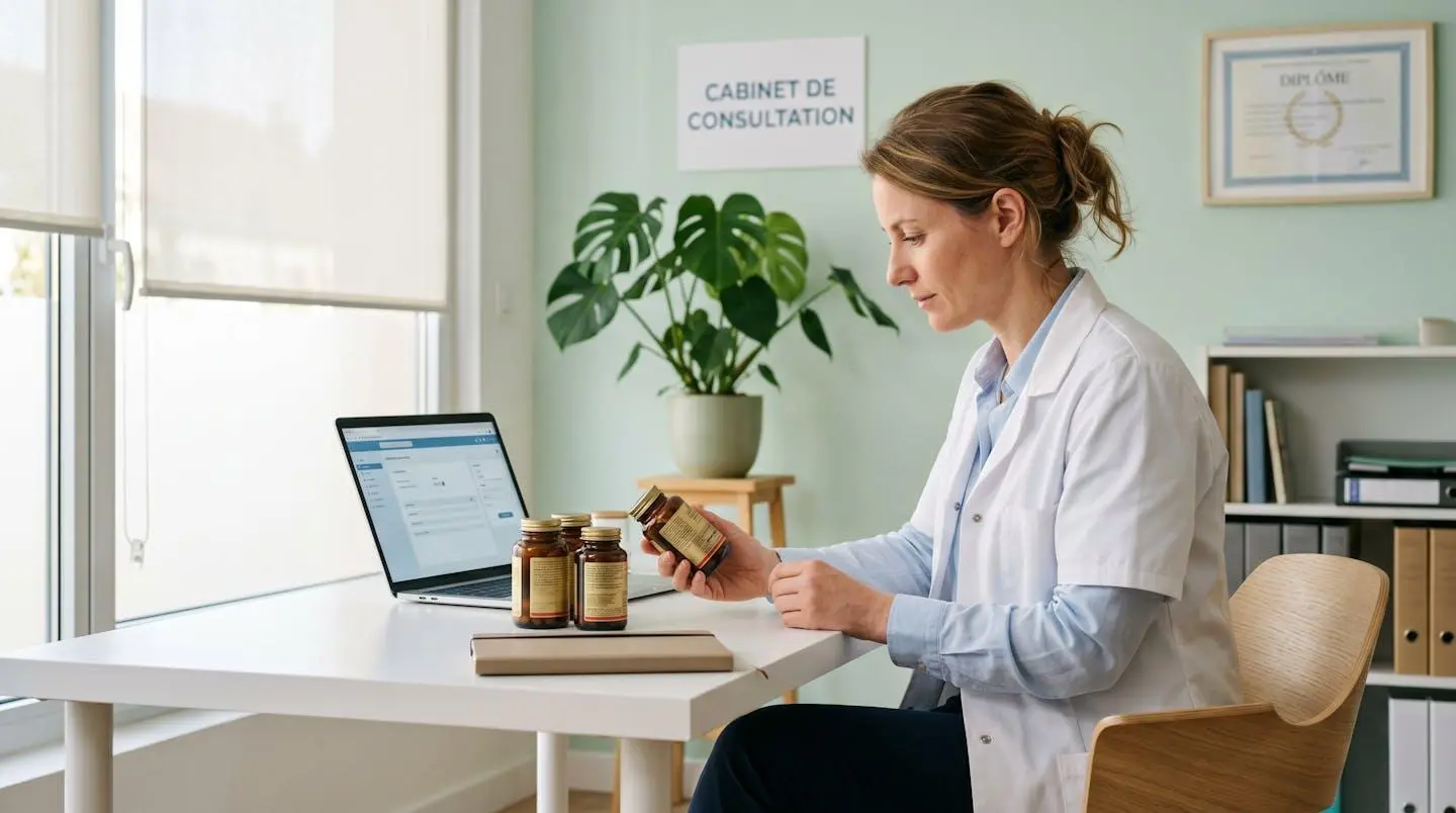 Professionnelle de santé en blouse blanche consultant des flacons de compléments sur un bureau moderne dans un cabinet médical lumineux