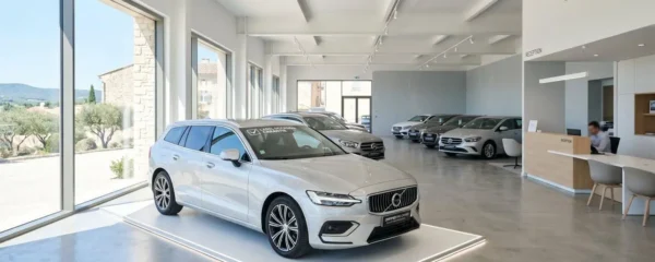 Showroom moderne d'une concession automobile avec véhicule d'occasion certifié au premier plan sur podium éclairé, baies vitrées laissant entrer la lumière naturelle