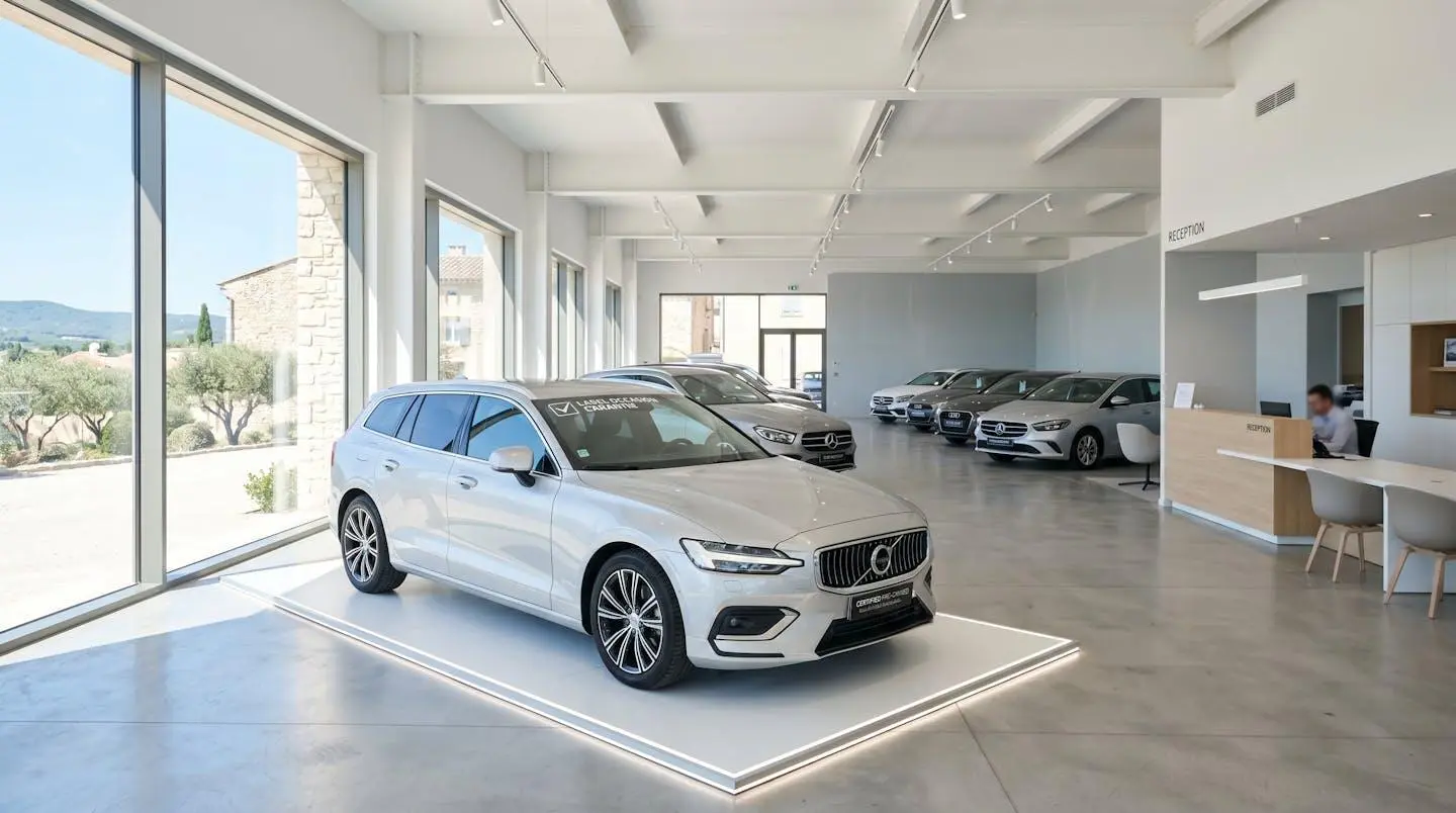 Showroom moderne d'une concession automobile avec véhicule d'occasion certifié au premier plan sur podium éclairé, baies vitrées laissant entrer la lumière naturelle